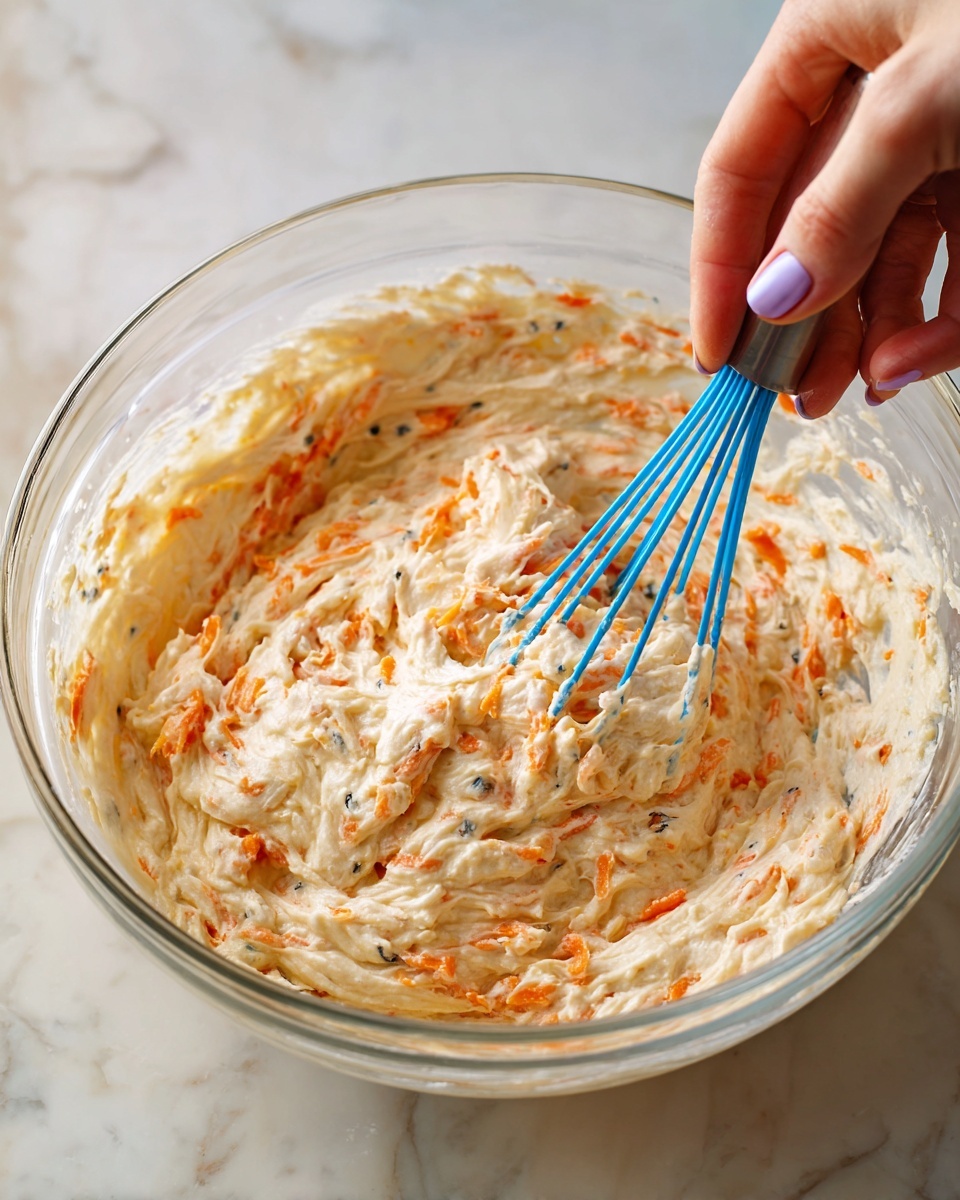 A close-up view of a clear bowl filled with thick, creamy batter that has small chunks of orange carrot pieces and tiny black specks mixed throughout. A woman's hand with long, manicured nails is holding the bowl on the right side, while a blue whisk stirs the mixture inside. The batter has a smooth, slightly lumpy texture with an off-white, light tan color. The bowl is placed on a white marbled surface. photo taken with an iphone --ar 4:5 --v 7