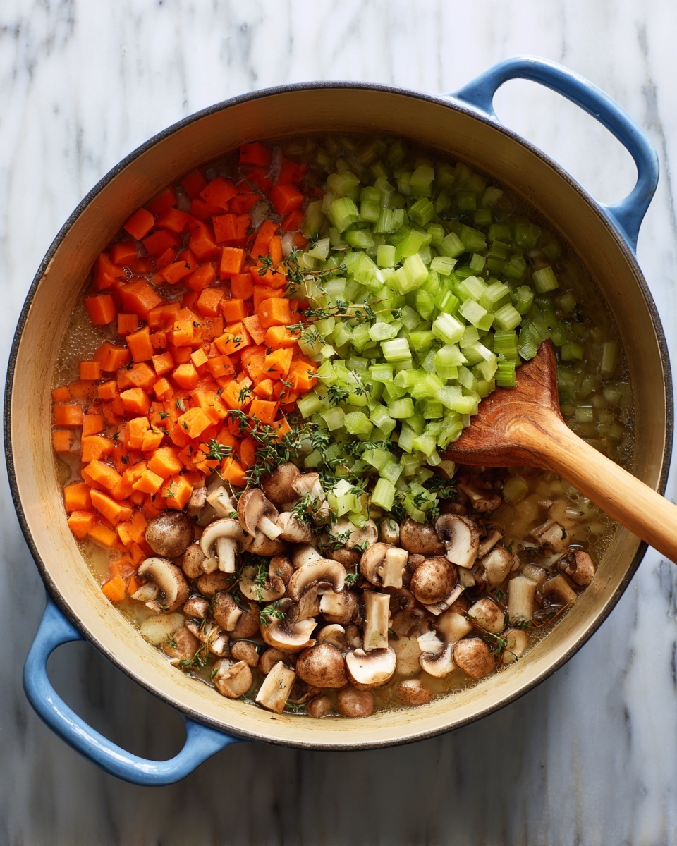 A blue pot filled with three layers of finely chopped vegetables being stirred by a light wooden spoon. The right layer has pale green celery pieces with a crisp texture, the middle layer contains bright orange carrot cubes, and the left layer is made up of small brown and white chopped mushrooms. The base of the pot has a light broth or liquid simmering softly. The scene is set on a white marbled surface. photo taken with an iphone --ar 4:5 --v 7