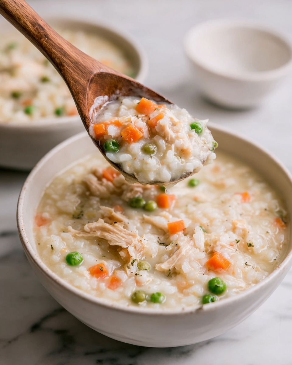 A close-up image of a white bowl filled with thick rice porridge mixed with small orange carrot cubes, green peas, and shredded light beige chicken pieces. The porridge looks soft and creamy with a slightly lumpy texture. A wooden spoon is lifting a scoop of the porridge from the bowl, showing the mixed ingredients clearly. The background is a white marbled surface with a small white bowl behind the main bowl. Photo taken with an iphone --ar 4:5 --v 7