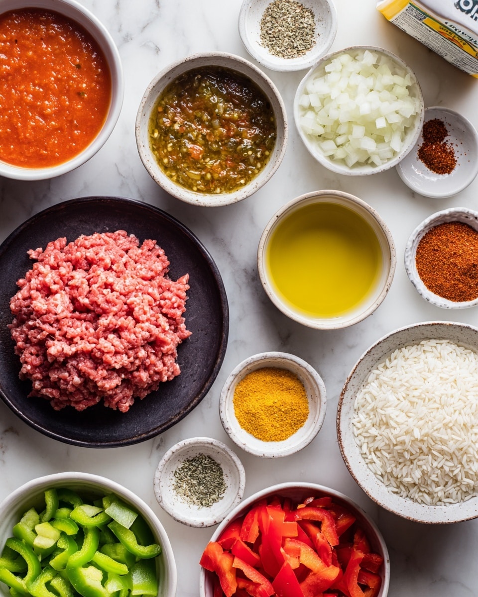 The image shows an overhead view of several small white bowls and one black plate arranged carefully on a white marbled surface. The black plate holds raw ground beef with a pinkish-red color and a soft texture, positioned toward the bottom left. Surrounding it are bowls with different ingredients: at the top left, a smooth, thick, light red tomato sauce; next to it, fire-roasted tomatoes with a chunky, darker red texture and bits of char. Below these, a small green bowl holds golden olive oil. To the right, a white bowl with black dots contains plain white rice grains. Below and slightly right is a white bowl filled with chopped white onions. Around the center are small white dishes containing dry oregano-like Italian seasoning, finely minced yellowish garlic, and deep red paprika powder. There are also two bowls of bell peppers: one filled with bright green small cubes on the bottom left, and another with vibrant red small cubes in the middle bottom. On the right edge, a carton of golden chicken broth adds a touch of yellow. The overall scene is lit naturally with clear details and slight shadows. photo taken with an iphone --ar 4:5 --v 7