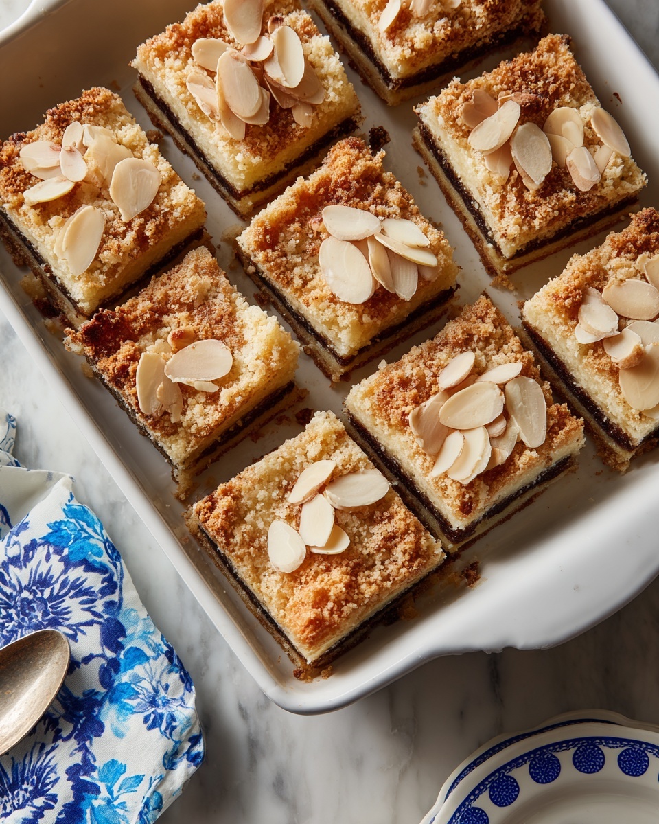 The image shows multiple square pieces of a baked dessert arranged in a white baking pan. Each piece has three visible layers: the bottom layer is light beige, the middle layer is thin and dark, and the top layer is golden brown with a crumbly texture. On top of each piece are slivered pale beige almond slices scattered unevenly. The pan rests on a white marbled surface, with a blue and white floral cloth partially visible on the bottom left and a partial view of a white plate with blue circles on the bottom right. The lighting is bright, making the dessert look fresh and inviting photo taken with an iphone --ar 4:5 --v 7