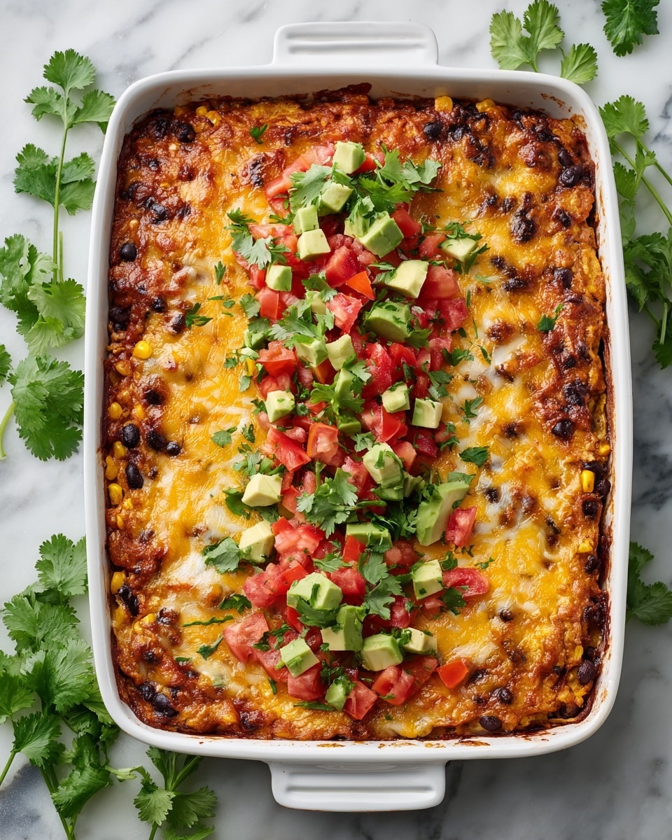 A baked dish in a white rectangular casserole, showing one thick layer of melted yellow and white cheese mixed with black beans and corn, topped with a colorful layer of diced red tomatoes, green avocado cubes, and fresh green cilantro leaves placed in the center along a strip. The dish is placed on a white marbled surface with some scattered cilantro leaves around it. photo taken with an iphone --ar 4:5 --v 7