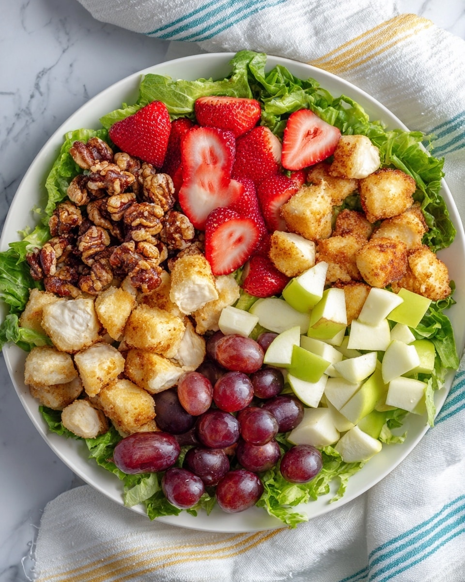 A white round plate holds a fresh salad with four main layers arranged side by side over a bed of green lettuce leaves that create a leafy base. On the left side, there is a layer of brown candied nuts with a rough texture. Next to it, bright red strawberries are sliced in half, showing their juicy interiors and small seeds. The third layer consists of golden fried pieces of chicken with a crispy outer layer and white inside visible in some pieces. On the right side, there is a mix of green apple chunks and dark reddish-purple grapes, both fresh and shiny. The plate sits on a white marbled surface partly covered with a white, blue, and yellow striped cloth. Photo taken with an iphone --ar 4:5 --v 7