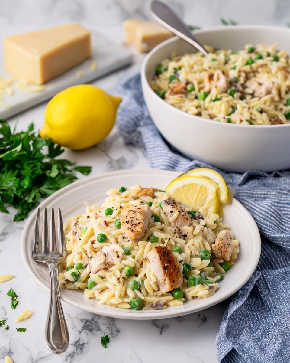 A white plate sits on a white marbled surface holding a creamy orzo pasta dish mixed with bright green peas and small pieces of light brown grilled chicken, all coated in a light cream sauce with black pepper specks; a thin slice of lemon rests on the edge of the plate. Behind it, a larger white bowl filled with the same orzo pasta and chicken mix is partially visible, with a silver spoon inside. To the left, there is a halved lemon standing upright, a silver fork beside it on the same white marbled surface, and a blue and white striped cloth nearby. To the right in the background are green parsley sprigs and a block of pale yellow cheese with some cheese shavings scattered around. Photo taken with an iphone --ar 4:5 --v 7