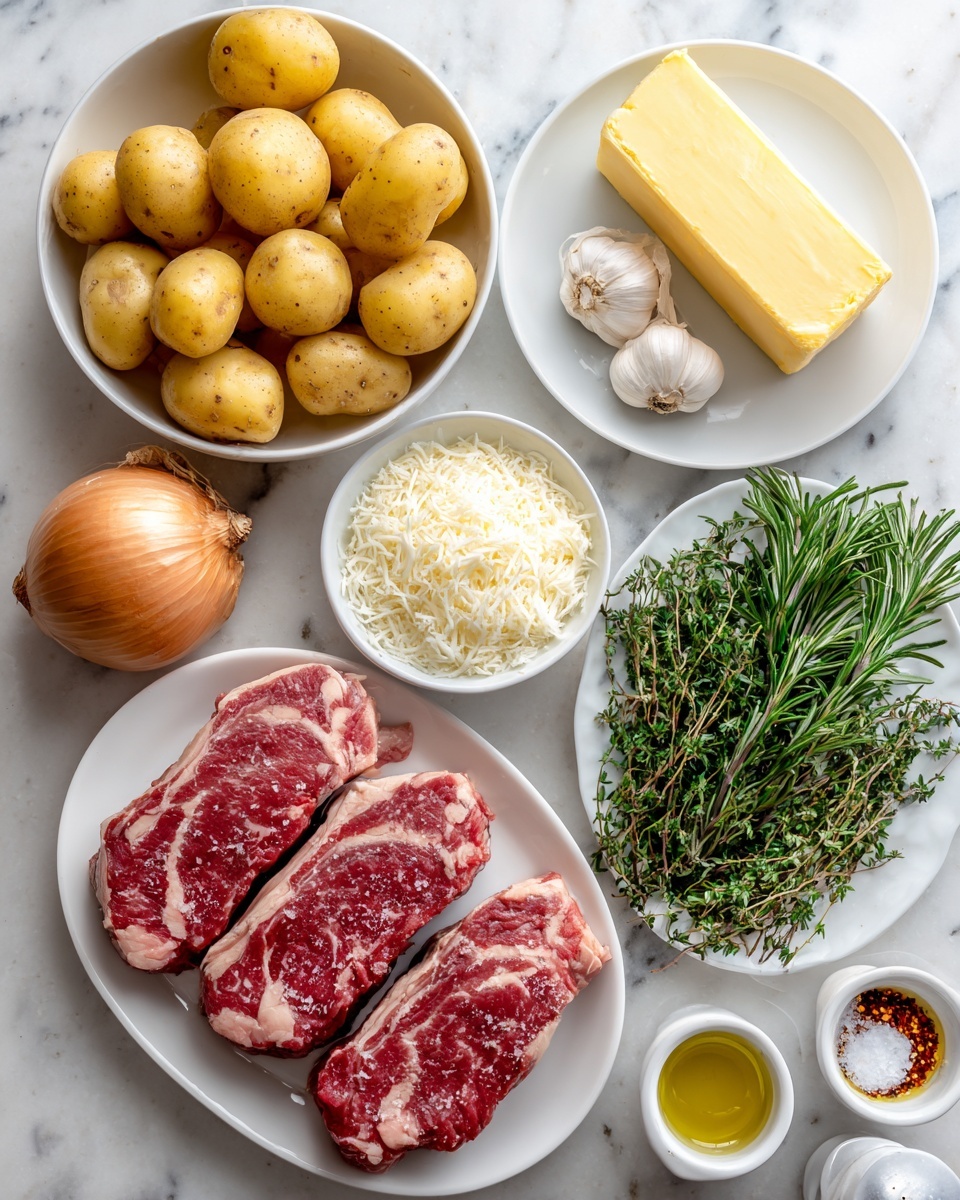 The image shows several cooking ingredients arranged on a white marbled surface. On the left, a white bowl holds many smooth, yellow potatoes stacked together. Below it, a whole brown onion sits beside a small white bowl filled with grated white cheese. To the right of the potatoes, a white plate holds fresh green herbs including rosemary, thyme, and oregano, along with two garlic cloves. Above this plate, another white plate contains a rectangular block of yellow butter, and nearby, a small white bowl holds red chili flakes. Below all this, a large white plate carries two thick cuts of raw steak, showing red meat with white marbling and edges. Small salt and pepper shakers and a small white bowl with light yellow oil complete the scene. Photo taken with an iphone --ar 4:5 --v 7