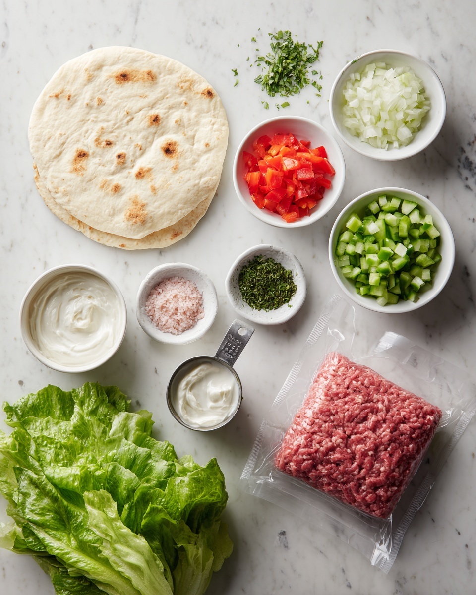 On a white marbled surface, there is a round flatbread with a light golden color on the left side. To its right, a clear plastic package holds a deep red square of raw ground meat. Around these, small white bowls contain different ingredients: bright red chopped bell peppers near the bottom left, green diced cucumbers to the top right, finely chopped white onions at the bottom right, and a mix of pink salt and green herbs in a small bowl near the center bottom. A metal measuring cup filled with smooth white yogurt is near the middle, next to a small square bowl of minced garlic and another small bowl of dried green herbs. Fresh green leafy lettuce is placed along the bottom left edge, creating a fresh, colorful arrangement. photo taken with an iphone --ar 4:5 --v 7