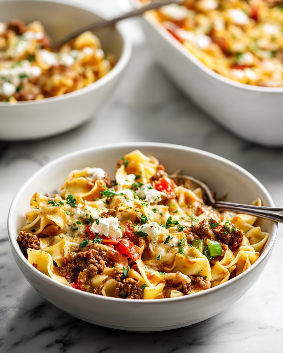 The image shows a rectangular white baking dish filled with a layered pasta dish. The bottom layer is made of wide, soft egg noodles that are pale yellow, covering the entire dish base. Above the noodles, there are dollops of white ricotta cheese scattered unevenly. On top of the cheese, there is a thick layer of dark brown cooked ground beef mixed with bits of green bell peppers and chunks of red tomatoes, spread evenly across the dish. The dish sits on a white marbled surface. Photo taken with an iphone --ar 4:5 --v 7