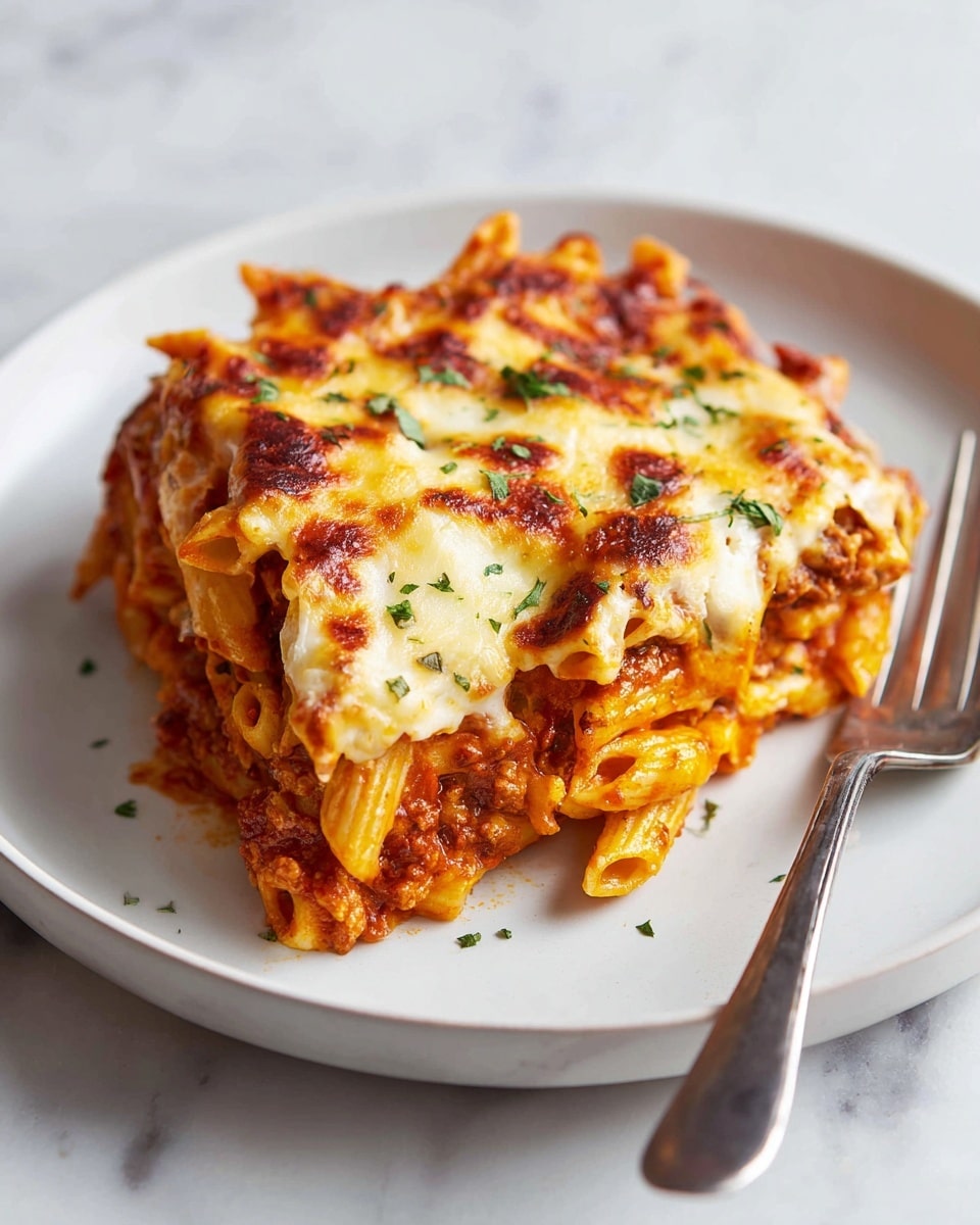 A white dish filled with layers of baked penne pasta covered in thick red tomato sauce mixed with small pieces of ground meat, topped with melted white and light yellow cheese that looks stretchy as a spoon lifts a portion from the dish. The pasta is garnished with small green herb pieces scattered evenly over the top. The background is a white marbled surface with a soft white cloth nearby, and a silver spoon with a wooden handle is lifting the pasta. Photo taken with an iphone --ar 4:5 --v 7