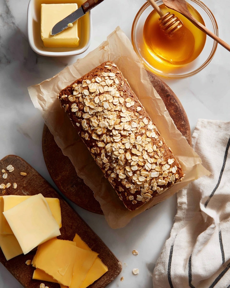 A rectangular loaf of dark brown bread topped with a thick layer of pale beige oats sits on a piece of parchment paper over a wooden round board. To the top left, a white butter dish holds a block of yellow butter with a butter knife resting inside. Below, slices of pale yellow cheese are spread on a wooden board. A small glass bowl filled with golden honey and a wooden spoon inside is nearby. A white cloth with black stripes is partially seen on the right side, all set on a white marbled surface. photo taken with an iphone --ar 4:5 --v 7