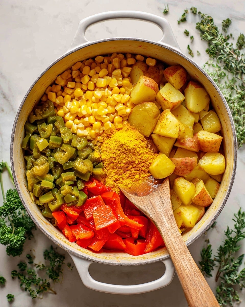 Inside a large white pot, there are five different food items arranged side by side before mixing. The top left section has bright yellow corn kernels, smooth and shiny. To the right, diced potatoes mixed with green bell peppers create a chunky, colorful mix with a slight sauce coating. Below the potatoes, a mound of fine yellow powder sits in the bottom right corner. The middle bottom area shows chopped green pickles with a moist texture. Finally, the center has roasted red bell peppers showing slight charring and a glossy surface. A wooden spoon rests on the potatoes, ready to stir. The pot is placed on a white marbled surface with scattered green herbs nearby. Photo taken with an iphone --ar 4:5 --v 7