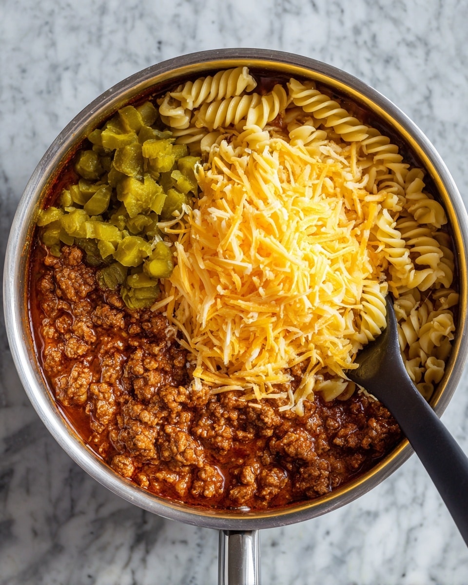 Inside a shiny metal pot, there are three clear layers. The bottom layer is a thick, dark reddish-brown sauce mixed with spiral pasta and small pieces of cooked meat. On top of this is a bright yellow layer of shredded cheese piled high and soft in texture. Next to the cheese, on the upper right side, sit small green chunks of pickles, fresh and crisp. A black spoon is partly visible at the right edge of the pot, scooping some pickles from the sauce. The pot is placed on a white marbled surface. photo taken with an iphone --ar 4:5 --v 7