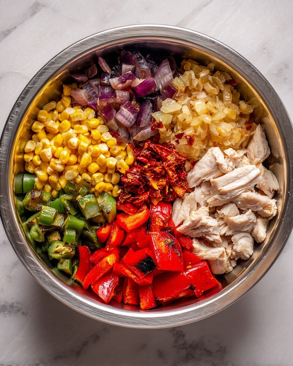 Inside a shiny metal bowl, there are five groups of food arranged in sections. On the top left, there are small pieces of dark purple roasted onion. Below it, there is a pile of light yellow roasted corn with some small red chili pieces mixed in. In the middle, there are chopped green peppers with a bit of red pepper pieces. On the bottom right, there are bright red roasted bell peppers with blackened edges. Finally, on the top right, there are pieces of white cooked chicken. The bowl is sitting on a white marbled surface. photo taken with an iphone --ar 4:5 --v 7