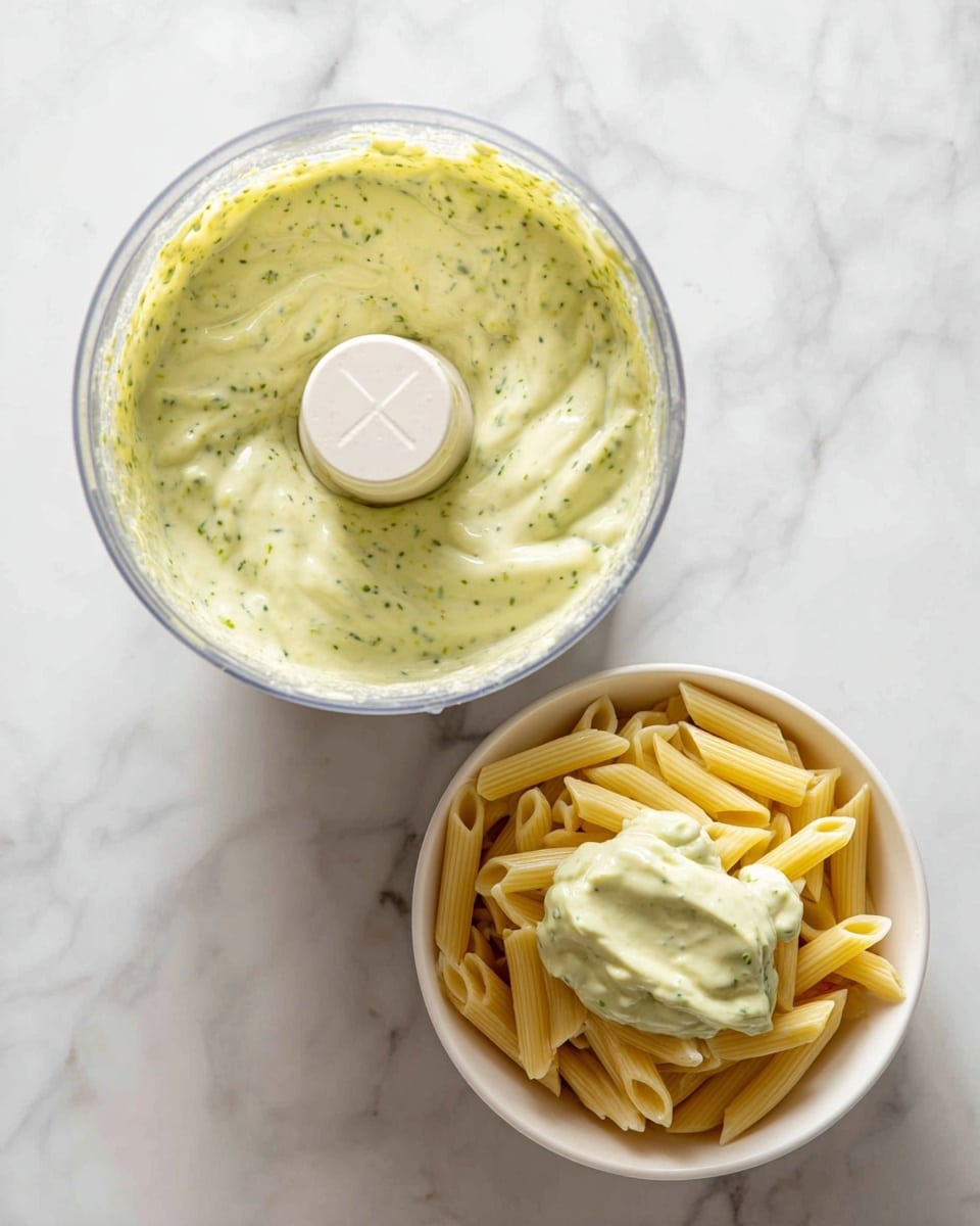 The first image shows a close-up view inside a blender filled with a thick, creamy, pale green mixture dotted with small darker green pieces, with the blender's central white blade holder visible in the middle. The second image shows a white bowl filled with cooked penne pasta, topped with a dollop of the same pale green creamy mixture placed in the center, contrasting with the yellowish pasta. Both images are set on a white marbled surface. photo taken with an iphone --ar 4:5 --v 7