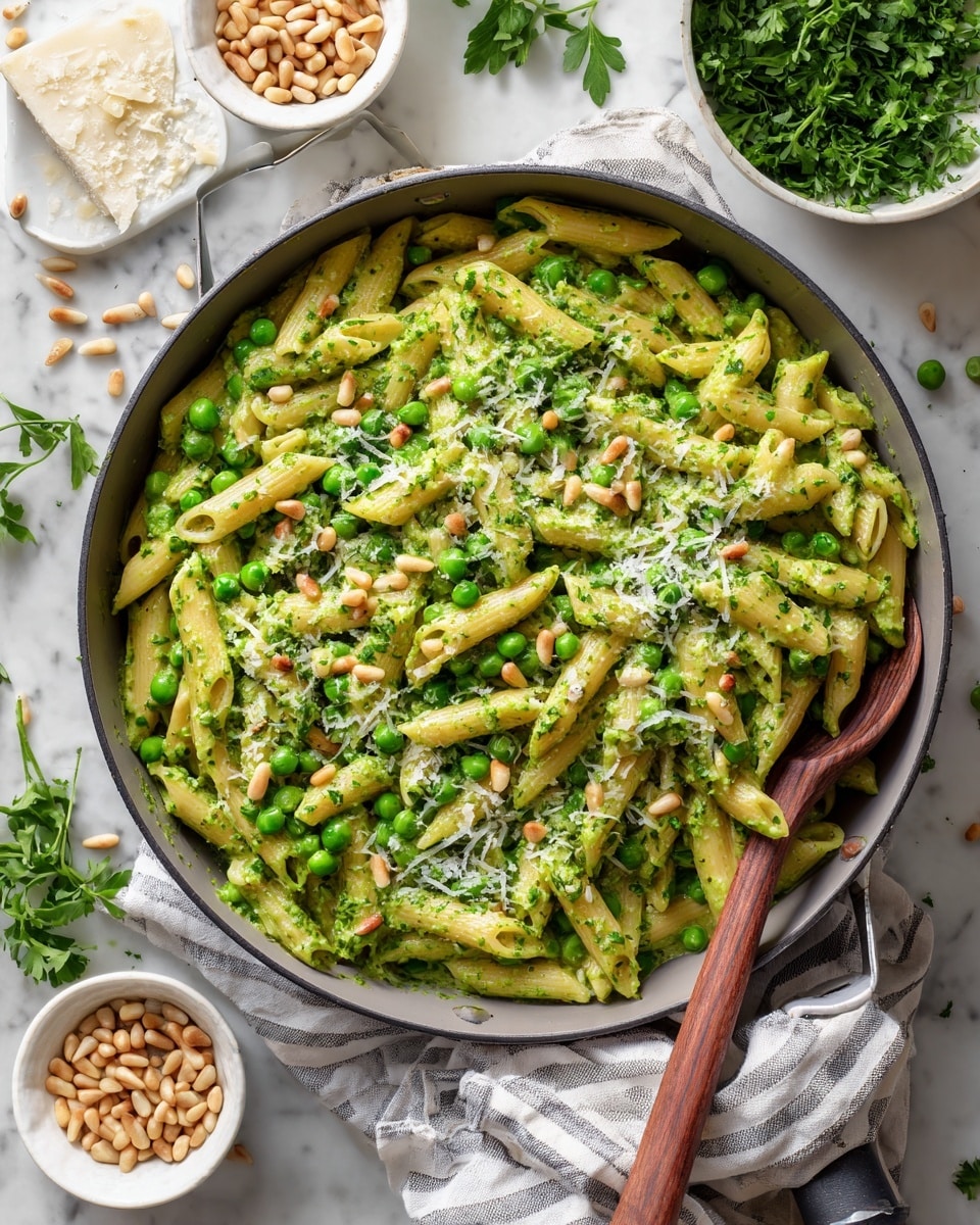 A large gray pan filled with creamy penne pasta mixed with a green herb sauce, dotted with bright green peas and sprinkled with grated cheese and small toasted pine nuts, a wooden spoon resting inside the pan on the right. The pan sits on a table covered with a white striped cloth on a white marbled surface, surrounded by small white bowls containing pine nuts, grated cheese, and pea pods scattered around, with fresh parsley placed nearby. photo taken with an iphone --ar 4:5 --v 7