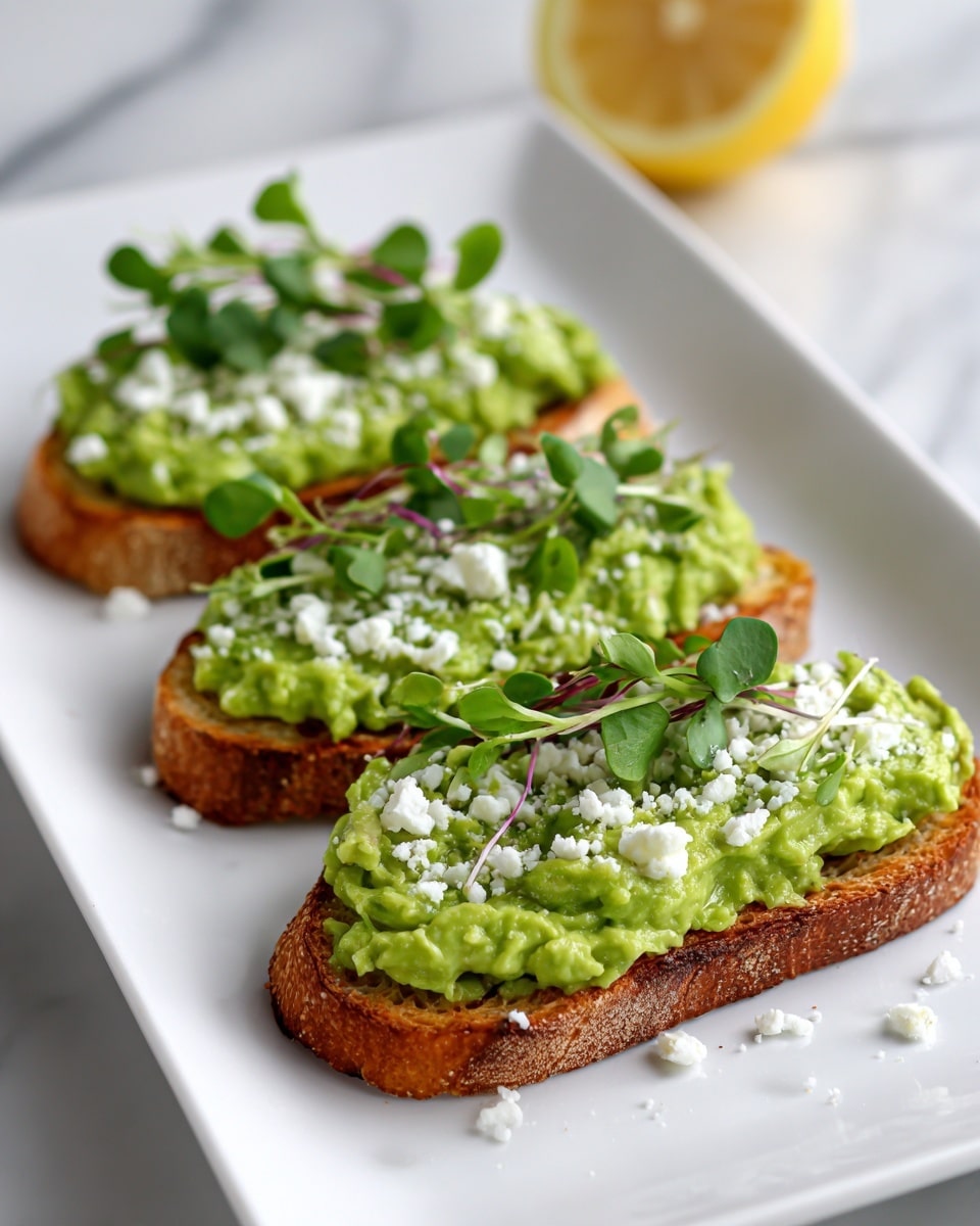 Three slices of toasted brown bread are lined up on a white marbled surface, each topped with a thick, bright green pea spread that has a slightly chunky texture. Each toast is garnished with fresh green pea shoots, and a light sprinkle of white grated cheese is visible on top of the spread. In the blurred background, a yellow lemon half and some green herbs can be seen, adding to the fresh and vibrant look of the dish. Photo taken with an iphone --ar 4:5 --v 7