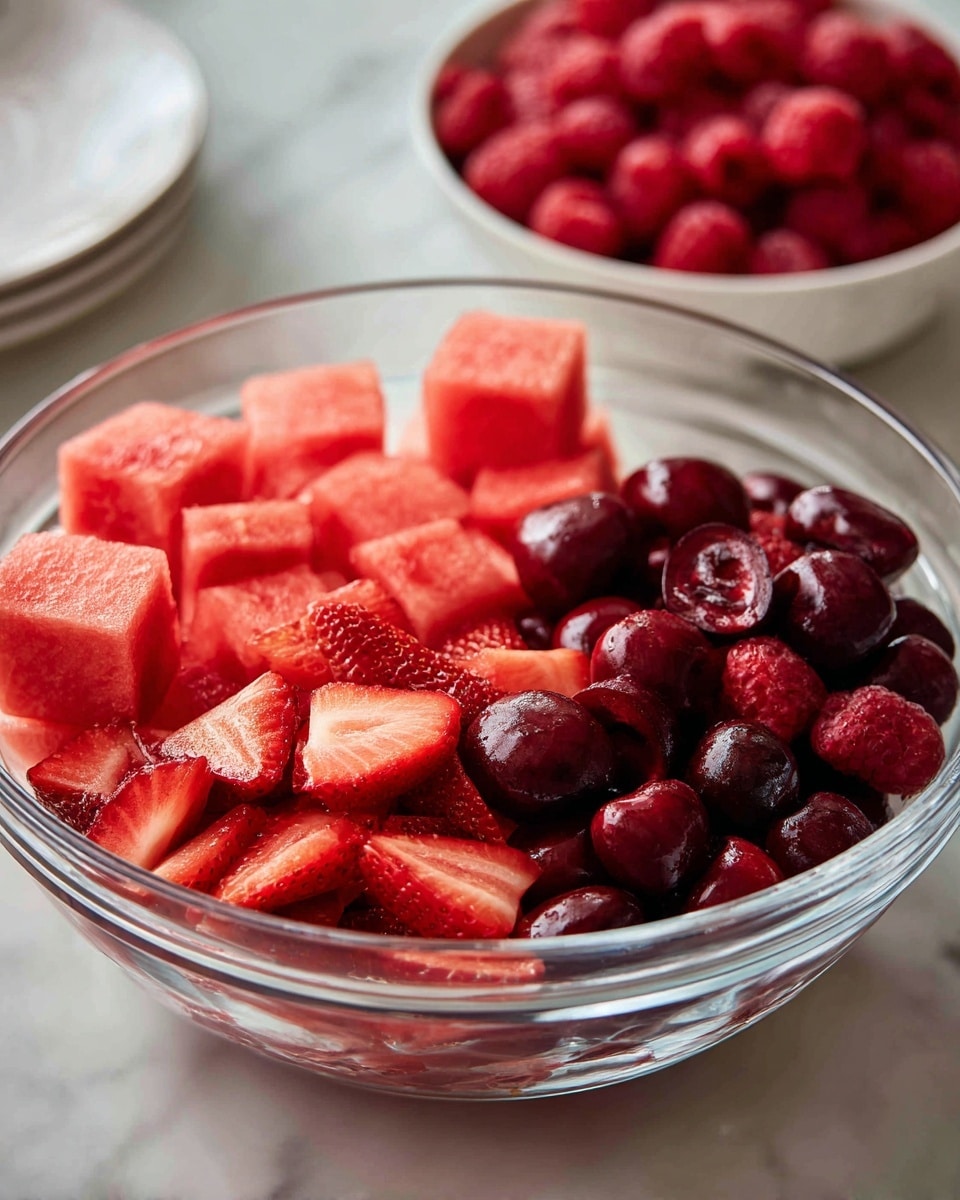 A clear glass bowl holds a fresh fruit mix with three layers: at the bottom are small light red cubes of watermelon with a juicy texture, in the middle are red strawberries sliced into halves with small white seeds and a smooth surface, and on top are dark red cherries cut in halves showing their glossy, juicy fleshy inside. The bowl sits on a white marbled surface, and in the blurred background, there is a smaller white bowl filled with whole raspberries. photo taken with an iphone --ar 4:5 --v 7
