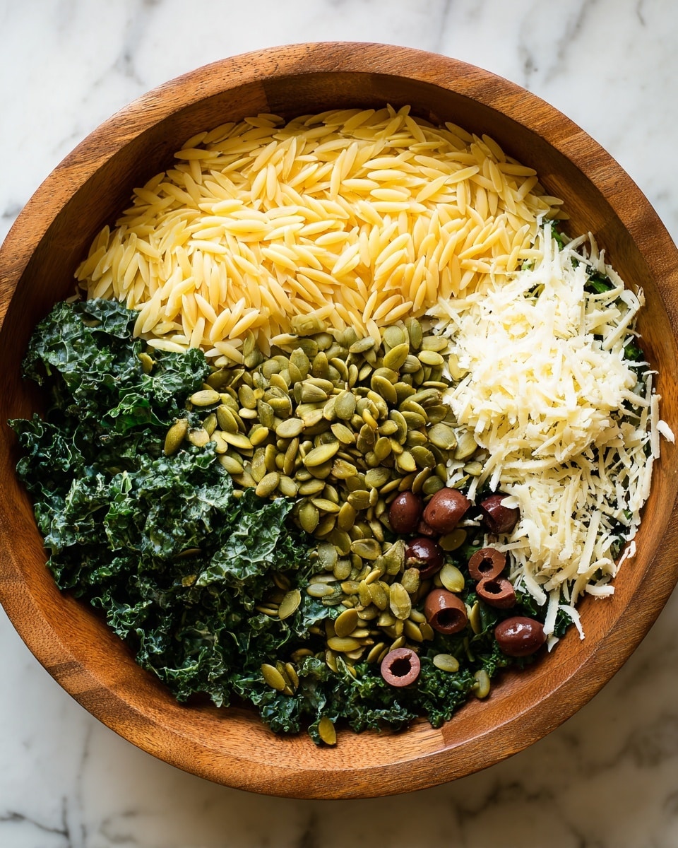 A large wooden bowl holds a layered salad starting with a bed of dark green kale at the bottom. On top of the kale, there is a layer of light yellow orzo pasta arranged mostly on the left side, overlapping some kale. Scattered over the orzo and kale are green pumpkin seeds adding a rough, bumpy texture. Near the right edge, small brown olives sit beneath large, thin pale yellow cheese shavings. White cheese crumbs are sprinkled across the right half of the salad, mingling with the cheese shavings and kale. The bowl sits on a white marbled surface. photo taken with an iphone --ar 4:5 --v 7