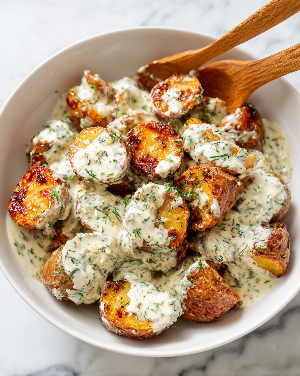 A white bowl filled with several golden brown, roasted potato pieces showing a crispy texture on the surface. These potato pieces are partly covered with a thick, creamy white sauce mixed with finely chopped green herbs, giving the sauce a speckled green detail throughout. Two wooden spoons are resting inside the bowl on opposite sides, also coated with the sauce. The bowl is placed on a white marbled surface. photo taken with an iphone --ar 4:5 --v 7