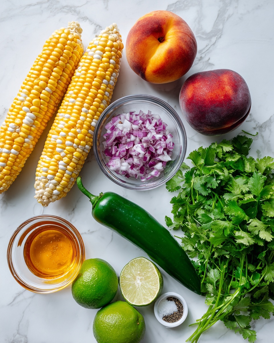 The image shows fresh ingredients placed separately on a white marbled surface, including two yellow and white corn ears at the top left, a whole reddish-orange peach at the top right, a small clear bowl with finely chopped purple and white red onion in the center, and a long smooth dark green jalapeño pepper to the right of the bowl. Below them are a glass bowl with golden honey, two bright green limes side by side, a small pile of white salt and black pepper grounds, and a bunch of fresh green cilantro leaves from top to bottom on the right side. All elements are clearly labeled with black text next to each item photo taken with an iphone --ar 4:5 --v 7