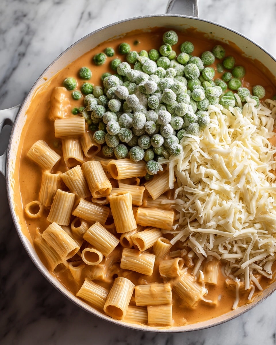 The image shows a white pan with a cooking mixture. The bottom layer contains orange creamy sauce with rigatoni pasta in it, giving a smooth and thick texture with a warm orange color. On one side, there is a pile of frozen green peas that have a frosty texture with some ice crystals visible. Next to the peas, there is a heap of off-white shredded cheese adding a fine, stringy texture. The background is a white marbled surface. photo taken with an iphone --ar 4:5 --v 7