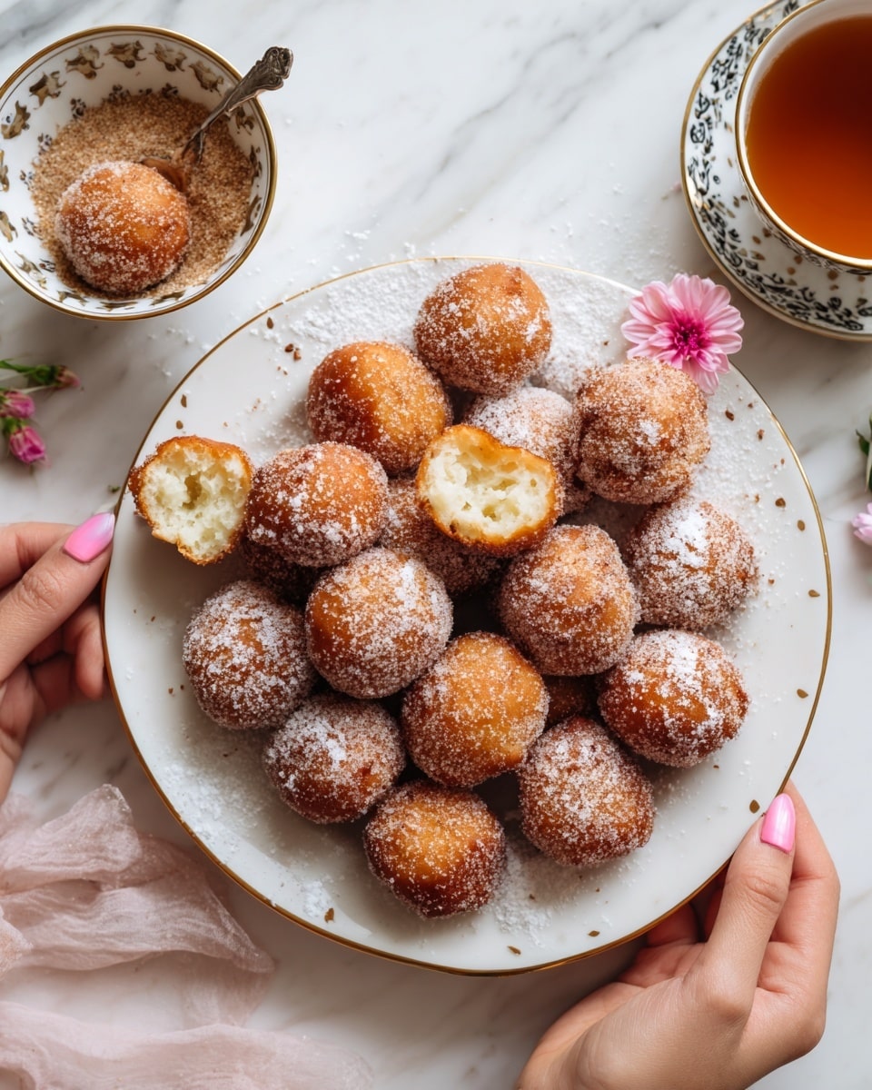 A white plate with a gold rim holds many round, golden brown fried dough balls, some sprinkled with white powdered sugar and others covered in a cinnamon sugar mix. Two dough balls near the center are broken open, showing their soft, light yellow inside with a slightly crumbly texture. A white bowl with a gold and black patterned rim sits on the plate’s edge, filled with cinnamon sugar and a partially dipped dough ball inside, next to a small pink flower. Two woman's hands are visible, one on the left holding a dough ball and another on the bottom right gently holding another. The whole scene is set on a white marbled surface. photo taken with an iphone --ar 4:5 --v 7
