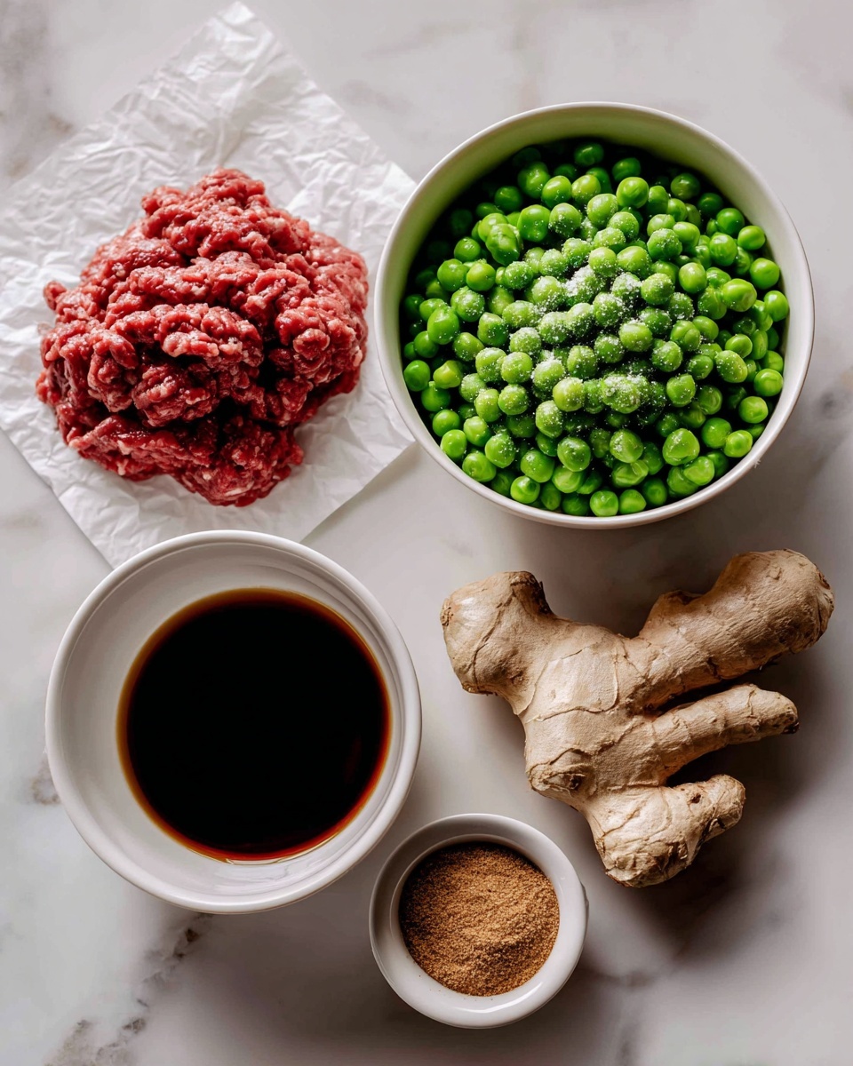 The image shows five food items arranged on a white marbled surface. On the left, there is a pile of raw ground red meat placed on white parchment paper. To the right of the meat, there is a small white bowl filled with a dark brown liquid, likely soy sauce. Next, there is a larger white bowl full of bright green frozen peas covered lightly with frost. Above the peas, a small white bowl holds a tan-colored powder, possibly brown sugar or a spice. To the right of this bowl, a fresh piece of light brown ginger root with knobby textures is placed. photo taken with an iphone --ar 4:5 --v 7