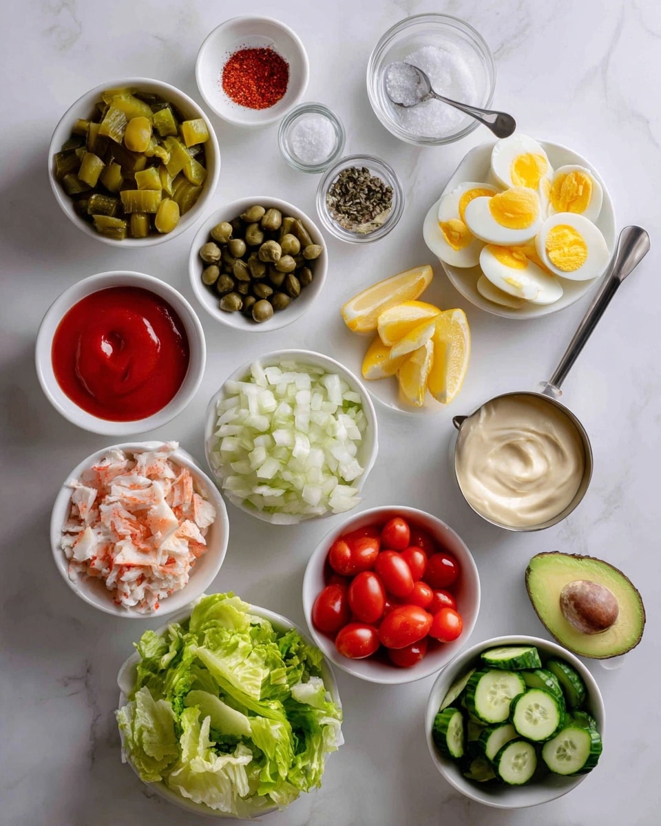 The image shows multiple white small bowls and measuring cup arranged on a white marbled surface with different ingredients. Starting from the top left, there is a bowl of diced green pickles, followed by an empty bowl, then a bowl with bright red ketchup sauce. Next to it is a small bowl with red seasoning and white salt, and another small bowl with minced garlic. Below, a bowl holds round dark green capers, near a bowl with yellow lemon wedges. Adjacent is a bowl of round cucumber slices. Moving down, there is a bowl with finely chopped white onion, beside a bowl of crab meat strips. A metal measuring cup filled with light creamy mayonnaise is to the right. Further down, there is a bowl of halved hard-boiled eggs with yellow yolks, a bowl filled with halved bright red cherry tomatoes, and another bowl of torn green lettuce. At the bottom right, a bowl of green asparagus spears sits next to two halves of an avocado, one whole and one with the pit. The setup is clean and bright, with sharp colors and textures visible, photo taken with an iphone --ar 4:5 --v 7
