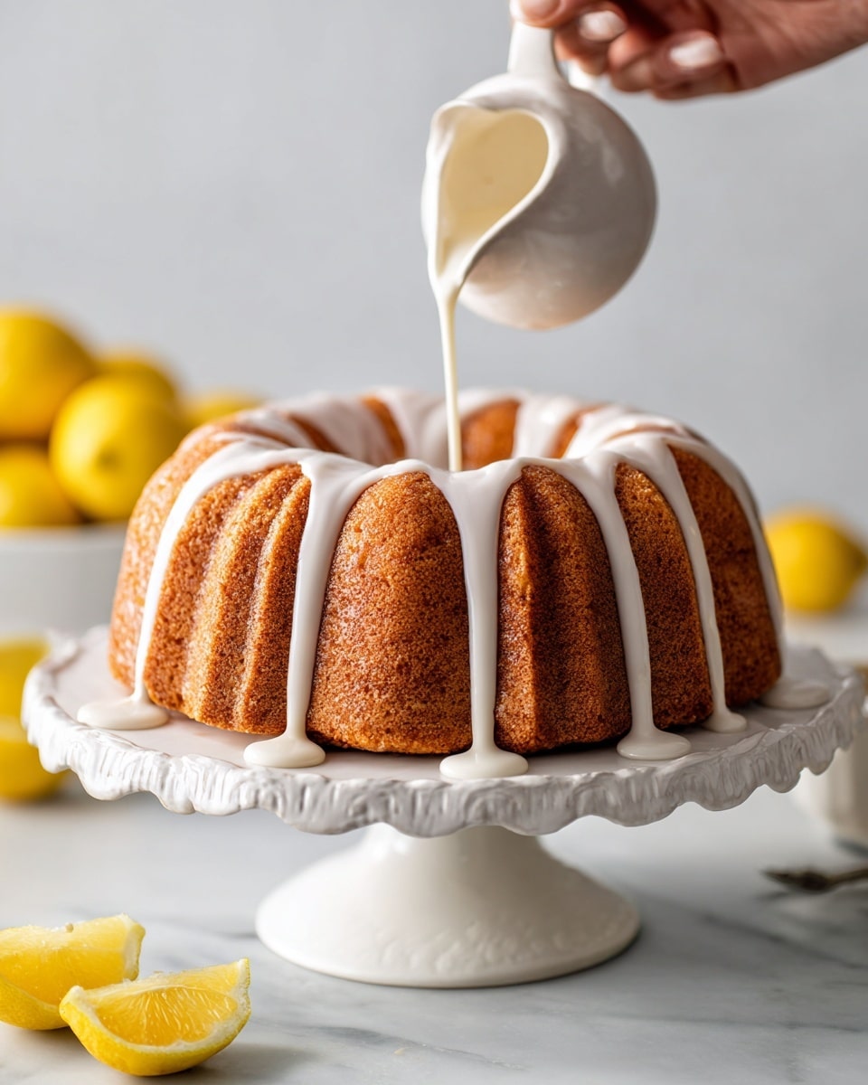 A golden brown bundt cake sits in the center of a white cake stand with a scalloped edge, placed on a white marbled surface. The cake has a smooth, slightly textured crust with visible ridges from the bundt shape. A woman's hand is pouring thick white glaze from a small white pitcher, dripping down the curves of the cake and pooling on the cake stand below. In the blurred background, there are bright yellow lemons adding a fresh contrast to the warm tones of the cake. The scene is bright and clean with a minimalist white background. photo taken with an iphone --ar 4:5 --v 7