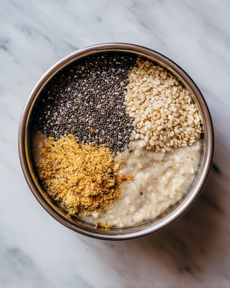 A metal pot holds a mix of four layers of ingredients: the bottom layer is a thick, light beige porridge with a bumpy texture; on top of this are three separate piles of seeds and spices sitting side by side, creating a half-circle shape. On the left is a dark pile of tiny black and gray chia seeds; next to it is a coarser, yellowish-brown spice mix with a slightly grainy look; and on the right is a pile of pale, off-white hemp seeds with a slightly rough yet soft texture. The pot is placed on a white marbled surface. Photo taken with an iphone --ar 4:5 --v 7