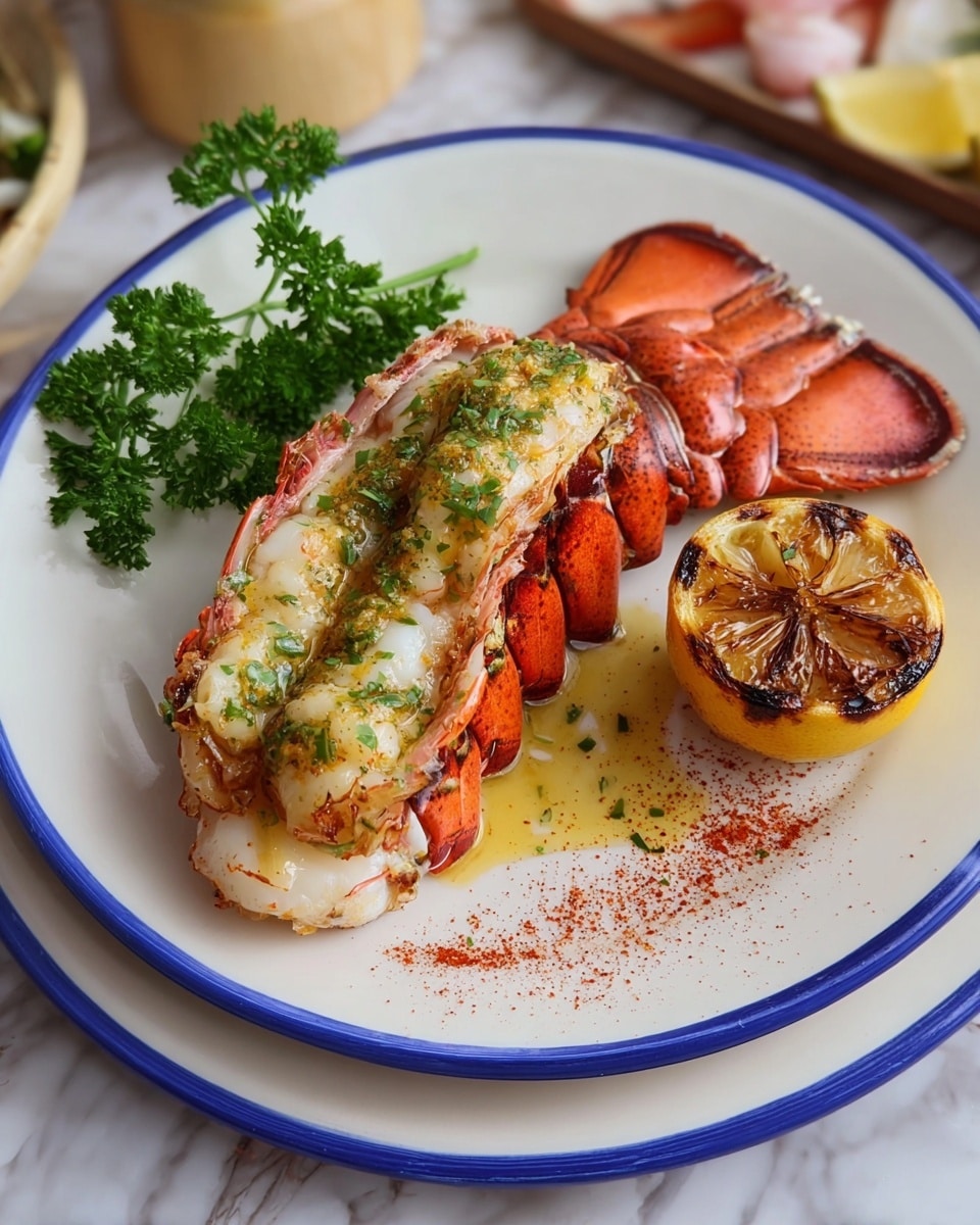 A white plate with a blue rim holds one lobster tail sliced in half, showing white tender meat inside the bright red shell. The meat is topped with a green and yellow garlic herb butter sauce, sprinkled with red seasoning powder around. To the right of the lobster is a half grilled lemon with char marks and golden yellow inside. On the upper left side of the plate is a small bunch of fresh green parsley. The plate is set on a white marbled surface with hints of other food items blurred around the edges. photo taken with an iphone --ar 4:5 --v 7