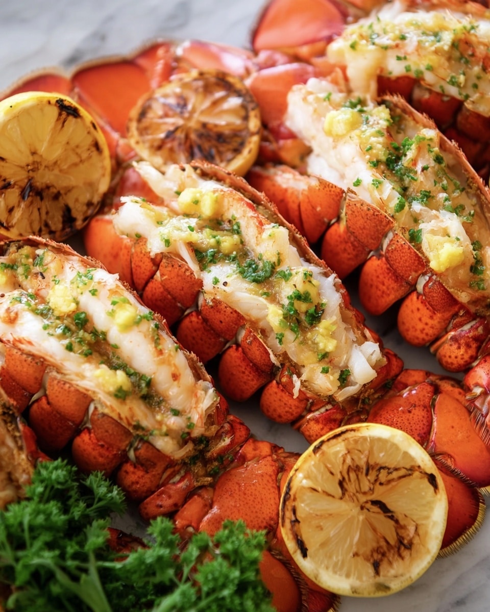 The image shows several lobster tails with bright orange-red shells arranged closely together on a white marbled surface. Each lobster tail is split open to reveal white, slightly translucent lobster meat inside, topped with a mix of finely chopped green herbs and small pieces of light yellow garlic butter, giving a textured and seasoned look. There are a few lemon halves with charred grill marks placed around the lobster tails, showing a bright yellow color with blackened edges. A small bunch of fresh green parsley adds a touch of color in the corner. The overall view is fresh, vibrant, and inviting. photo taken with an iphone --ar 4:5 --v 7