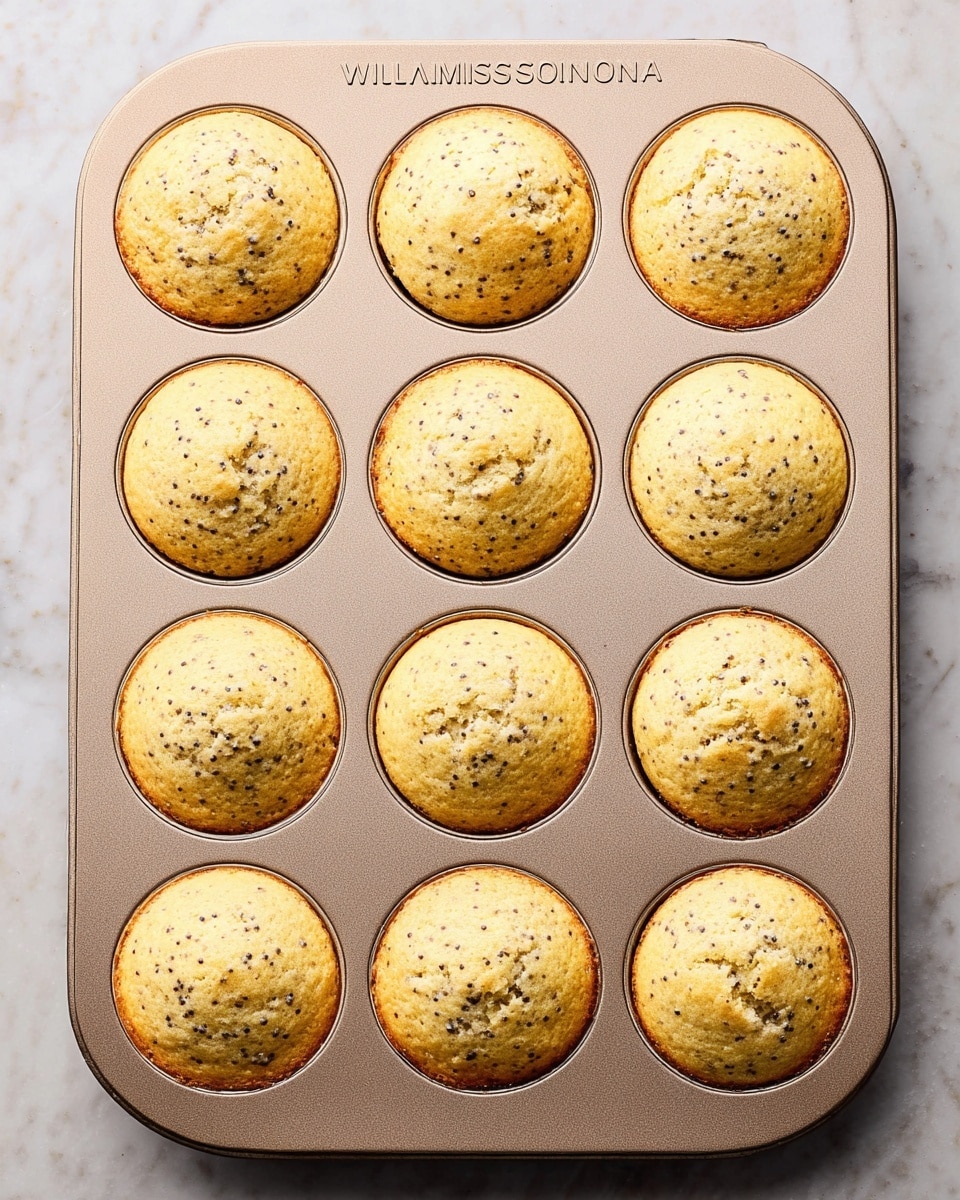 A golden muffin pan holds twelve round muffins, each puffed up with a slightly domed top. The muffins have a light yellow color with tiny dark specks spread evenly throughout, suggesting the presence of poppy seeds. The surface texture of each muffin is soft with a few small cracks and slight browning on some edges. The pan itself is a neutral tan color with