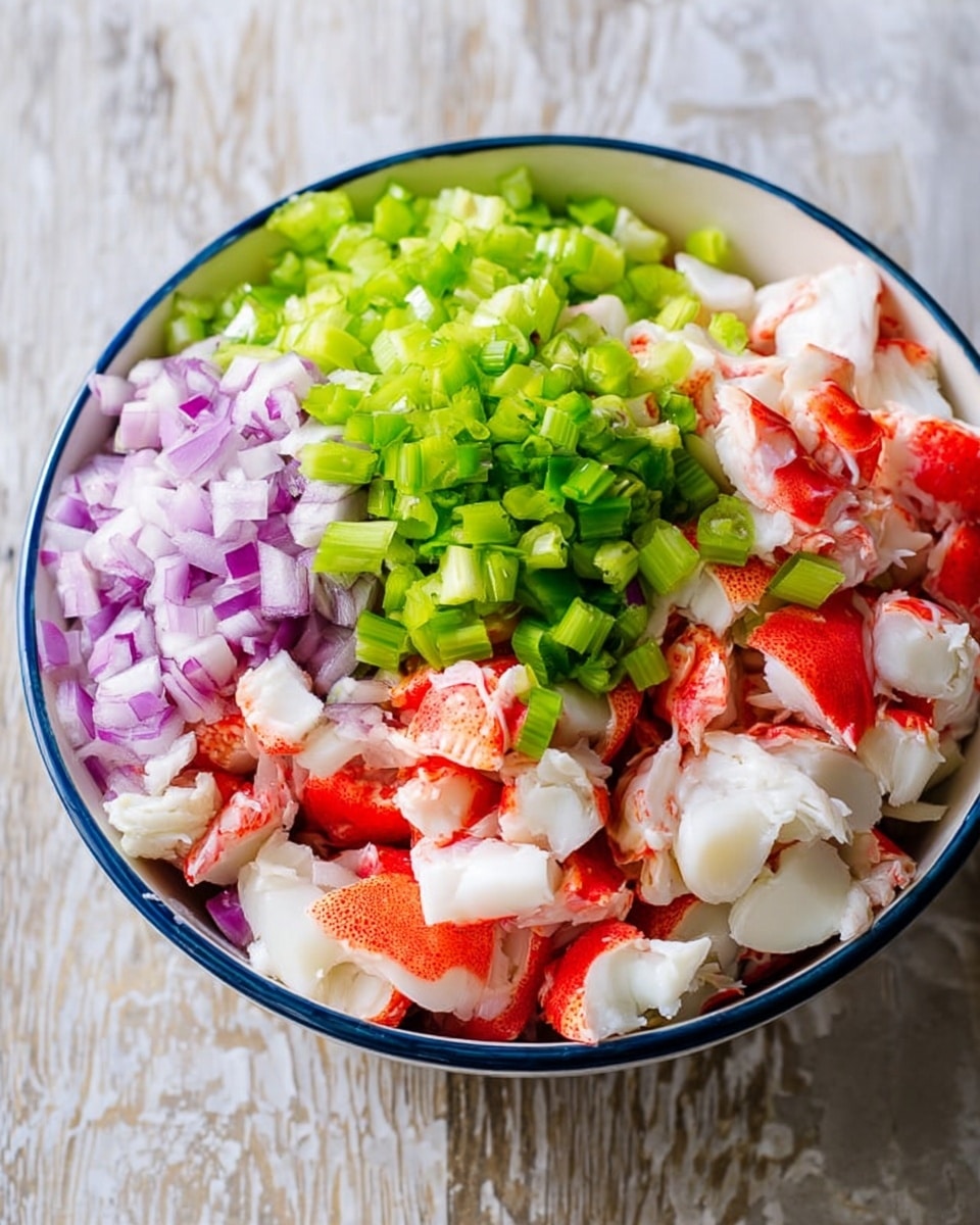 The image shows a bowl filled with a layered salad on a white marbled surface. The bottom layer is whole white and red crab sticks, roughly torn into pieces showing a soft texture. On top of the crab sticks, there are finely chopped green celery pieces spread across the middle of the bowl. Next to the celery, there is a pile of finely diced purple onion on the left side. The colors are bright and fresh, with the bowl itself being white with a blue rim. Photo taken with an iphone --ar 4:5 --v 7