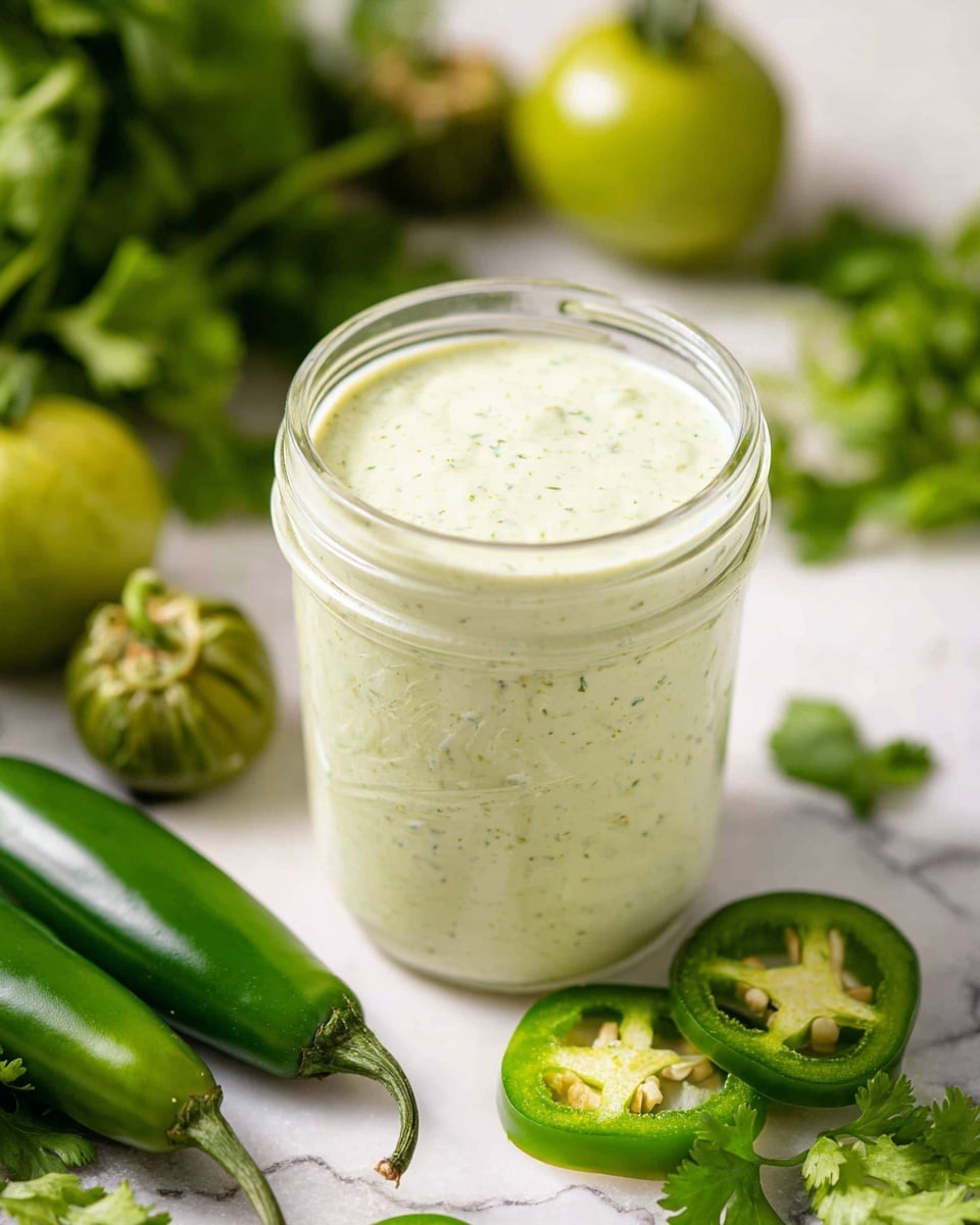 A clear glass jar filled with light green creamy sauce speckled with small bits of herbs, sitting on a white marbled surface. Around the jar are fresh green ingredients including halved and whole jalapeños, green tomatoes with papery skins, and bright green cilantro leaves, creating a fresh and natural setting. Soft light highlights the smooth texture of the sauce and the vibrant green of the surrounding vegetables. Photo taken with an iphone --ar 4:5 --v 7
