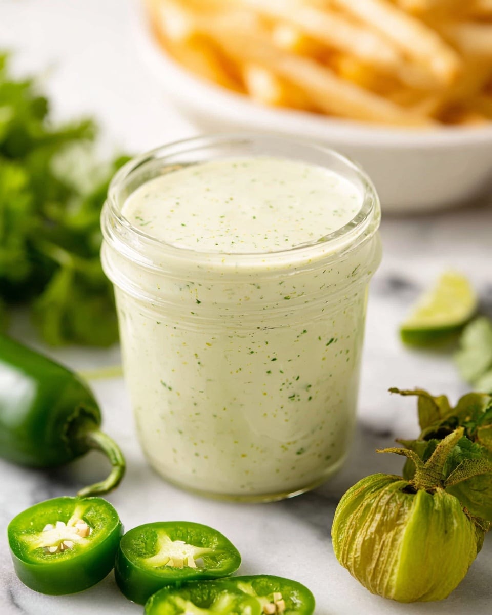 A clear glass jar filled with a creamy, light green sauce speckled with tiny herbs sits in the center. Around the jar, there are green jalapeño slices showing seeds and fresh, green tomatillos with papery husks partially peeled back, along with leafy cilantro sprigs. In the background, a white bowl filled with pale golden fries is partially visible on a white marbled surface. The scene is bright and fresh, highlighting the smooth, thick texture of the sauce. photo taken with an iphone --ar 4:5 --v 7