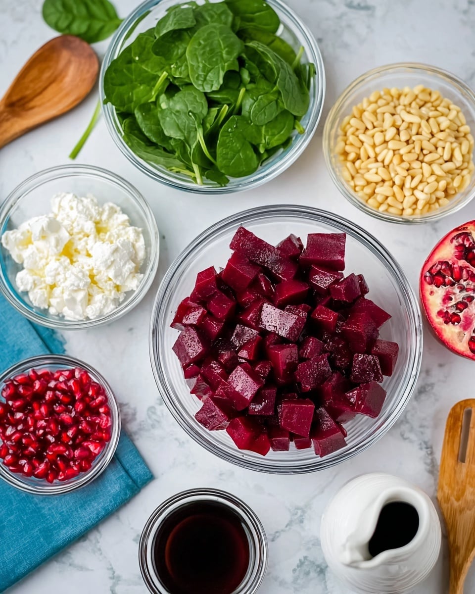 The image shows several clear glass bowls arranged on a white marbled surface. The largest bowl in the center holds deep red, cubed pieces that have a smooth texture. Above it, there is a smaller glass bowl filled with light yellow pine nuts that have a rough texture. Next to it, another glass bowl contains white, soft-looking cottage cheese curds. To the left, a bigger clear bowl is filled with fresh dark green spinach leaves. At the bottom left, a smaller glass bowl holds bright red pomegranate seeds that shine with a glossy finish. To the right of the bowls, there is a wooden spoon resting on a blue cloth with a few spinach leaves near it. A white ceramic jug containing a dark liquid is placed slightly below the center of the image. A half pomegranate with rich red seeds is partially visible on the right side. Photo taken with an iphone --ar 4:5 --v 7