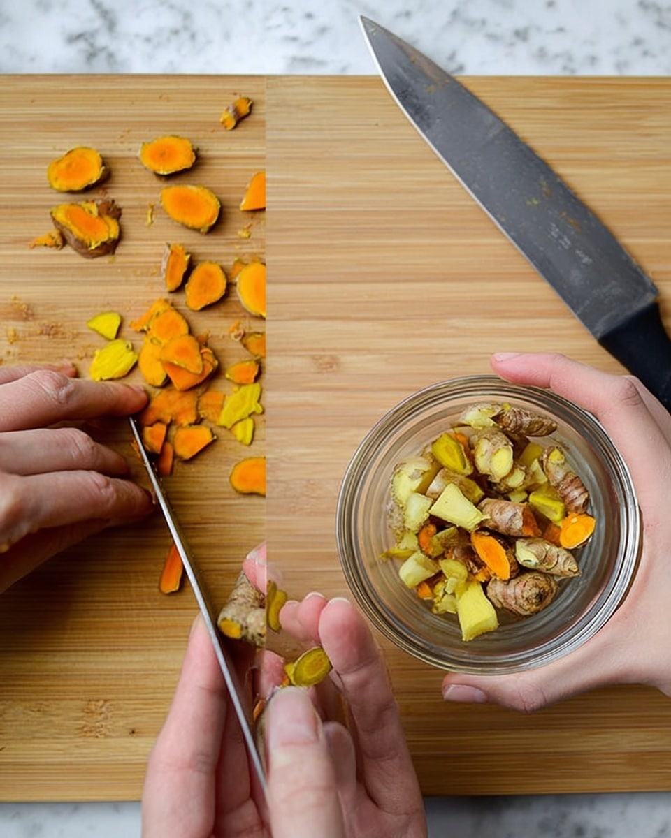 The image shows a woman’s hand holding a knife and slicing small pieces of turmeric root on a light wooden cutting board in the left frame. The turmeric pieces are bright orange with brown skin, and some slices are already cut and lying on the board. In the right frame, two woman’s hands are holding a small clear glass bowl filled with various cut turmeric roots, showing orange, pale yellow, and greenish colors. A large knife with a black handle lies on the wooden board in the background. The background surface is a white marbled texture. Photo taken with an iphone --ar 4:5 --v 7