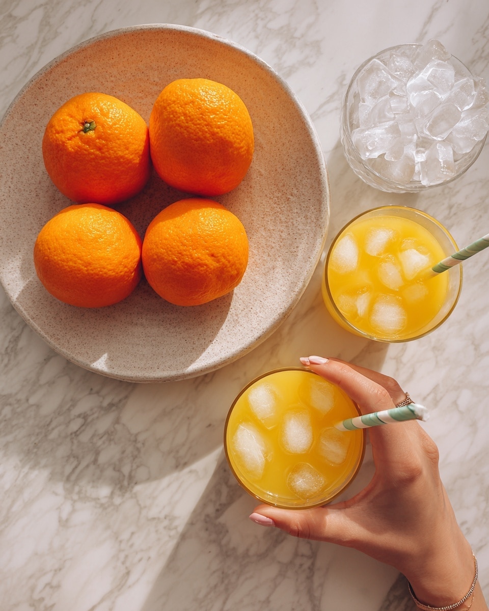 A white bowl filled with ice cubes is placed next to a large round dish holding five bright orange oranges on a white marbled surface. Below these, two clear glasses of orange juice with ice float and light green striped straws sit side by side, with a woman's hand gently holding the top glass from the right side. Photo taken with an iphone --ar 4:5 --v 7