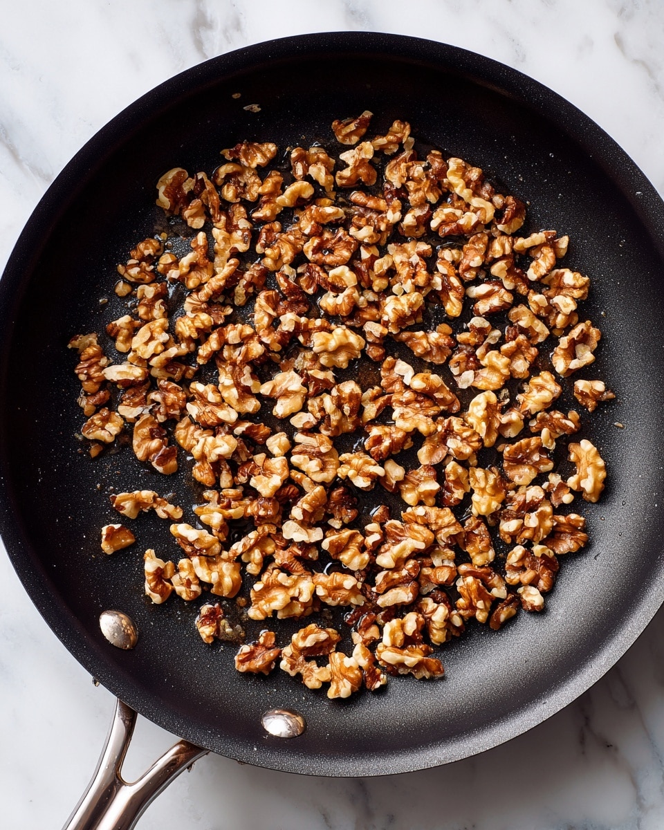 Inside a black pan, there are many small pieces of brown and golden toasted walnuts scattered in an uneven layer across the pan's surface. The walnuts have a rough texture with some parts darker, showing they are toasted well. The pan itself has a matte finish with two visible metal rivets near the edge. The background is a white marbled surface. photo taken with an iphone --ar 4:5 --v 7