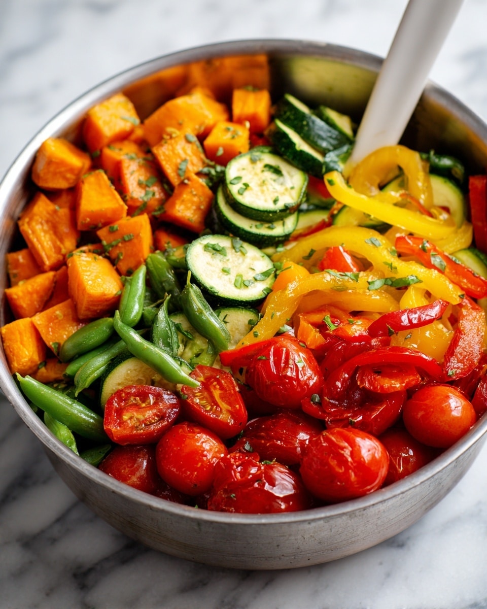 A close-up view of a bowl filled with colorful cooked vegetables, showing multiple layers. The first layer at the bottom contains bright red cherry tomatoes with shiny skins and some green snap peas. Above them, there are small chunks of cubed orange sweet potatoes with a soft texture and some green herbs sprinkled on top. Next, there are yellow and green sliced zucchinis mixed with bright yellow bell pepper strips and thin slices of red bell peppers, all mixed together in a shiny olive oil glaze. The bowl itself is silver metal with a white spoon inside, set against a white marbled surface. photo taken with an iphone --ar 4:5 --v 7