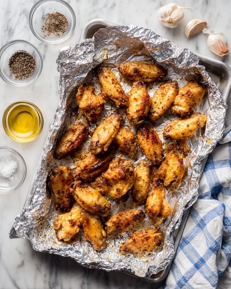 A tray lined with crinkled silver foil holds 16 baked chicken wings, each with a golden brown, crispy coating that looks slightly uneven and textured, showing some darker browned spots. The wings are scattered but mostly spread out across the foil. The tray rests on a white marbled surface, on the left are small glass bowls containing black peppercorns, olive oil, granulated seasoning, salt, and four cloves of garlic. To the right of the tray lies a white cloth with a blue checkered pattern, slightly crumpled. photo taken with an iphone --ar 4:5 --v 7