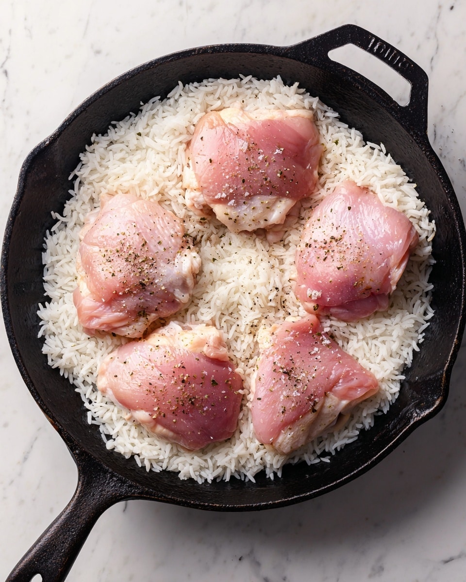 The image shows a black cast iron skillet with a base layer of uncooked white rice spread evenly across the bottom. On top of the rice, there are four raw chicken thighs laid out, each seasoned lightly with visible black pepper and salt. The chicken thighs have a pink smooth texture with a slight fat edge, and they are evenly spaced within the skillet. The skillet rests on a white marbled surface that is clean and bright. Photo taken with an iphone --ar 4:5 --v 7