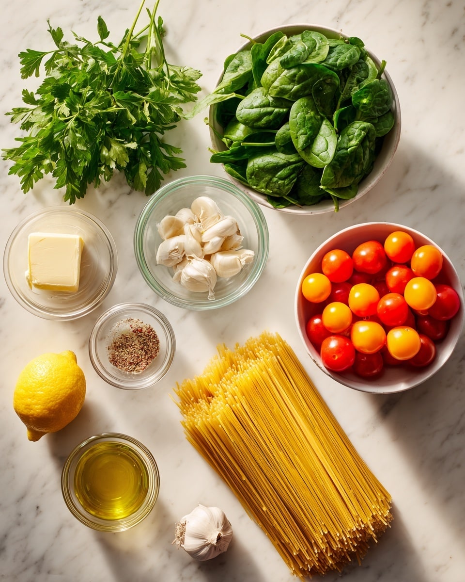 On a white marbled surface, a spread of fresh cooking ingredients is neatly arranged, featuring a bunch of bright green parsley at the bottom left, with vibrant green spinach leaves held in a white bowl at the top right; a cluster of shiny red and orange cherry tomatoes rests in a clear container at the bottom right. Near the center, a thick bundle of uncooked long yellow pasta lies flat. To the left of the pasta, a whole bright yellow lemon and a small glass bowl with a square of pale butter are placed on the surface. Below butter, there are two small glass bowls holding mixed Italian seasoning with specks of beige and reddish flakes, and golden olive oil. Further down, a bowl of peeled, plump white garlic cloves. The scene is completed with soft natural light and a faint shadow, photo taken with an iphone --ar 4:5 --v 7