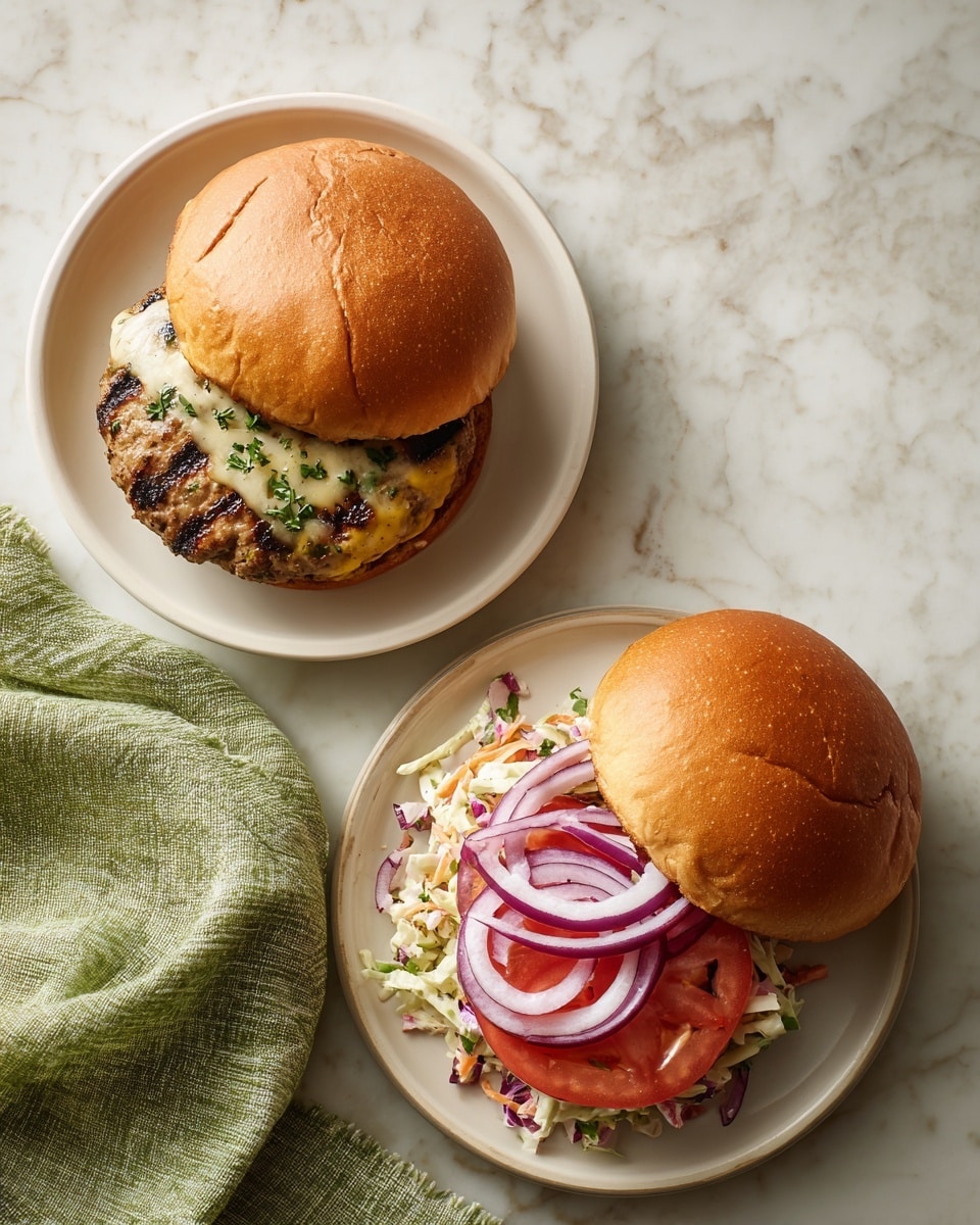 The image shows two burgers on a white marbled table, each on a white plate. The top burger is open, with a round soft brown bun above and a patty below that has visible grill marks, white melted cheese, and green herbs scattered on it. The second burger below is partially covered by its round soft brown bun, revealing layers of sliced red onion, tomato, and a creamy coleslaw mix in white and orange colors. A green loosely woven cloth is next to the top plate, adding texture to the scene. photo taken with an iphone --ar 4:5 --v 7