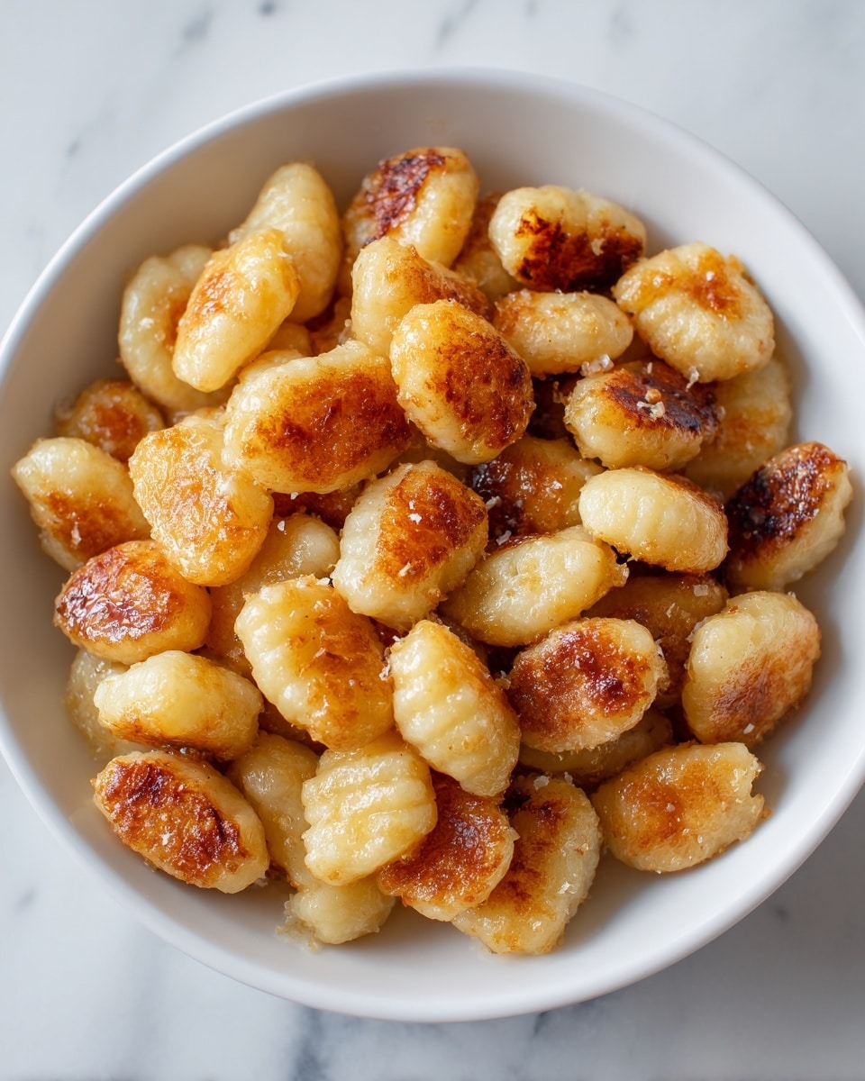 A close-up view of many small oval-shaped gnocchi pieces in a white bowl, each piece light golden brown with a slightly crispy texture from frying and some darker browned spots, showing softness and a subtle shine from oil or butter. The background is a white marbled surface, giving a clean and simple look photo taken with an iphone --ar 4:5 --v 7