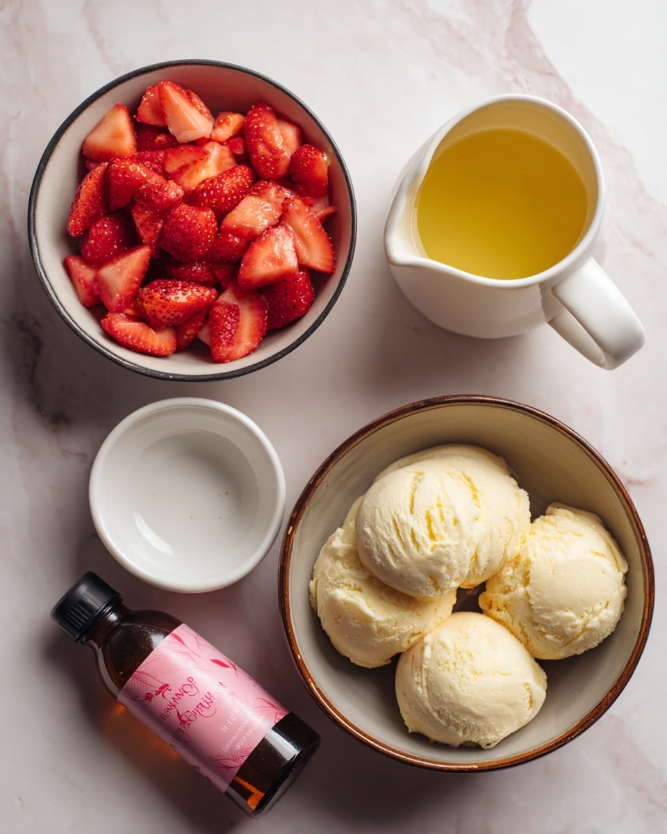 The image shows several items placed on a white marbled surface: on the left, a white bowl with a dark rim is filled with bright red, chopped strawberries; near the center, there is an empty small white bowl next to a white pouring cup filled with a golden yellow liquid; on the lower right, a brown bowl holds several scoops of pale yellow ice cream with a creamy texture; and at the bottom left, a brown bottle with a pink label lies on its side. photo taken with an iphone --ar 4:5 --v 7
