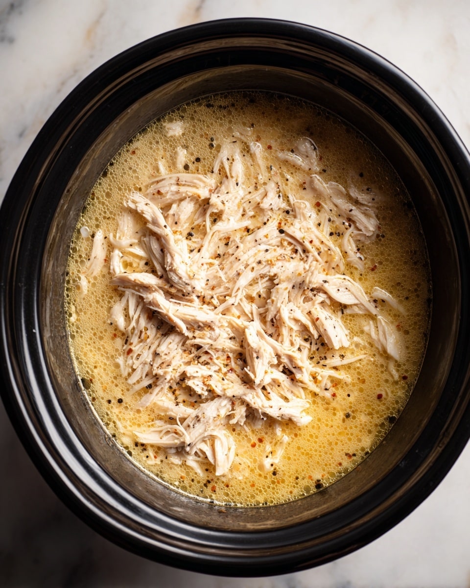Inside a black slow cooker, there is one layer of shredded pale beige chicken mixed evenly with a light yellow oily broth that has small bubbles and specks of black pepper floating on top, all placed on a white marbled surface photo taken with an iphone --ar 4:5 --v 7