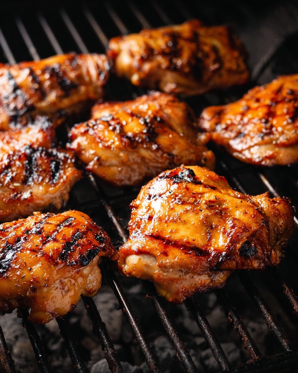 Six pieces of grilled chicken thighs with a golden brown color and char marks lie on a black grill grate. The chicken has a slightly shiny texture from the glaze and spices, with darker burnt spots adding contrast. The background shows charcoal under the grill. The photo is lit warmly and closely focused on the chicken, showing the juicy texture and grilled details. photo taken with an iphone --ar 4:5 --v 7