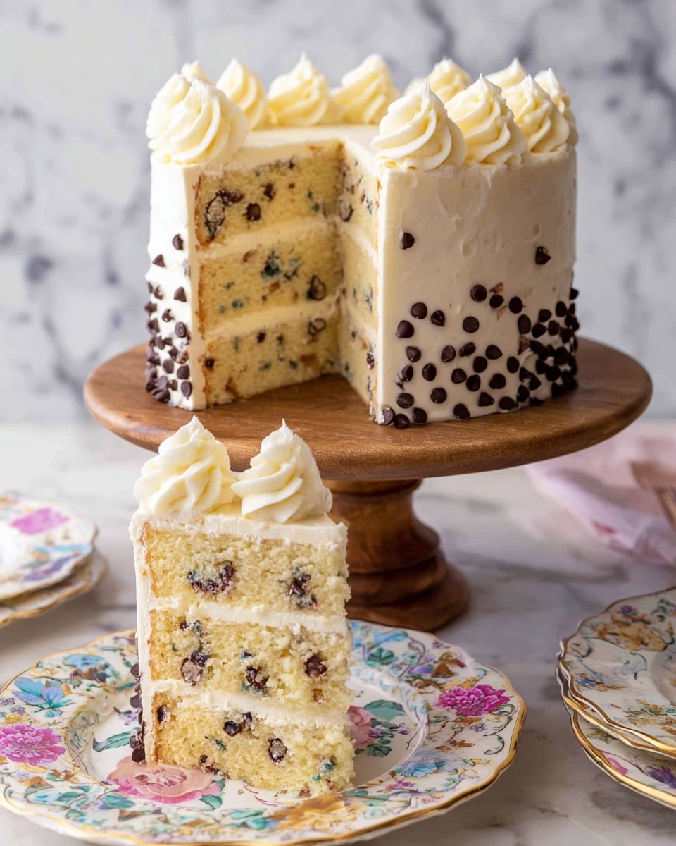 A three-layer round cake with light yellow sponge cake filled and covered with white frosting that has small chocolate chip pieces mixed in; the sides near the bottom are decorated with larger chocolate chips, and the top edge has eight evenly spaced white frosting swirls. One slice is cut and placed on a white plate with colorful floral and bird patterns, showing the three layers of cake and frosting inside. The cake is on a wooden cake stand, and the background has a white marbled texture. Photo taken with an iphone --ar 4:5 --v 7