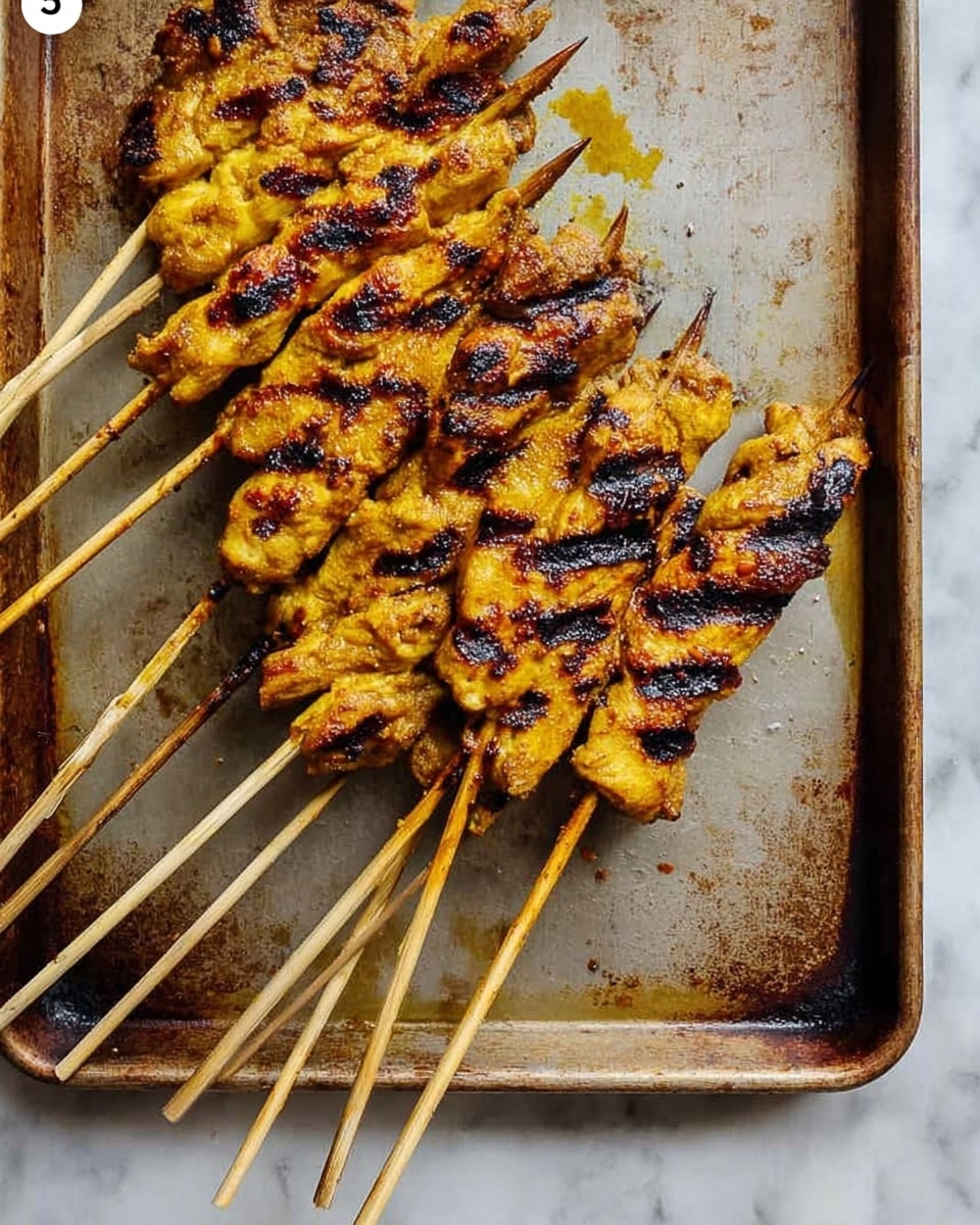 Eight grilled skewers of chicken satay with visible dark grill marks rest side by side on a well-used metal baking sheet that has brown spots and oil stains. The chicken is golden brown with some blackened charred lines that show they were cooked on a grill. The thin wooden sticks extend out from the satay, pointing down toward the bottom edge of the image. The baking sheet sits on a white marbled surface. photo taken with an iphone --ar 4:5 --v 7